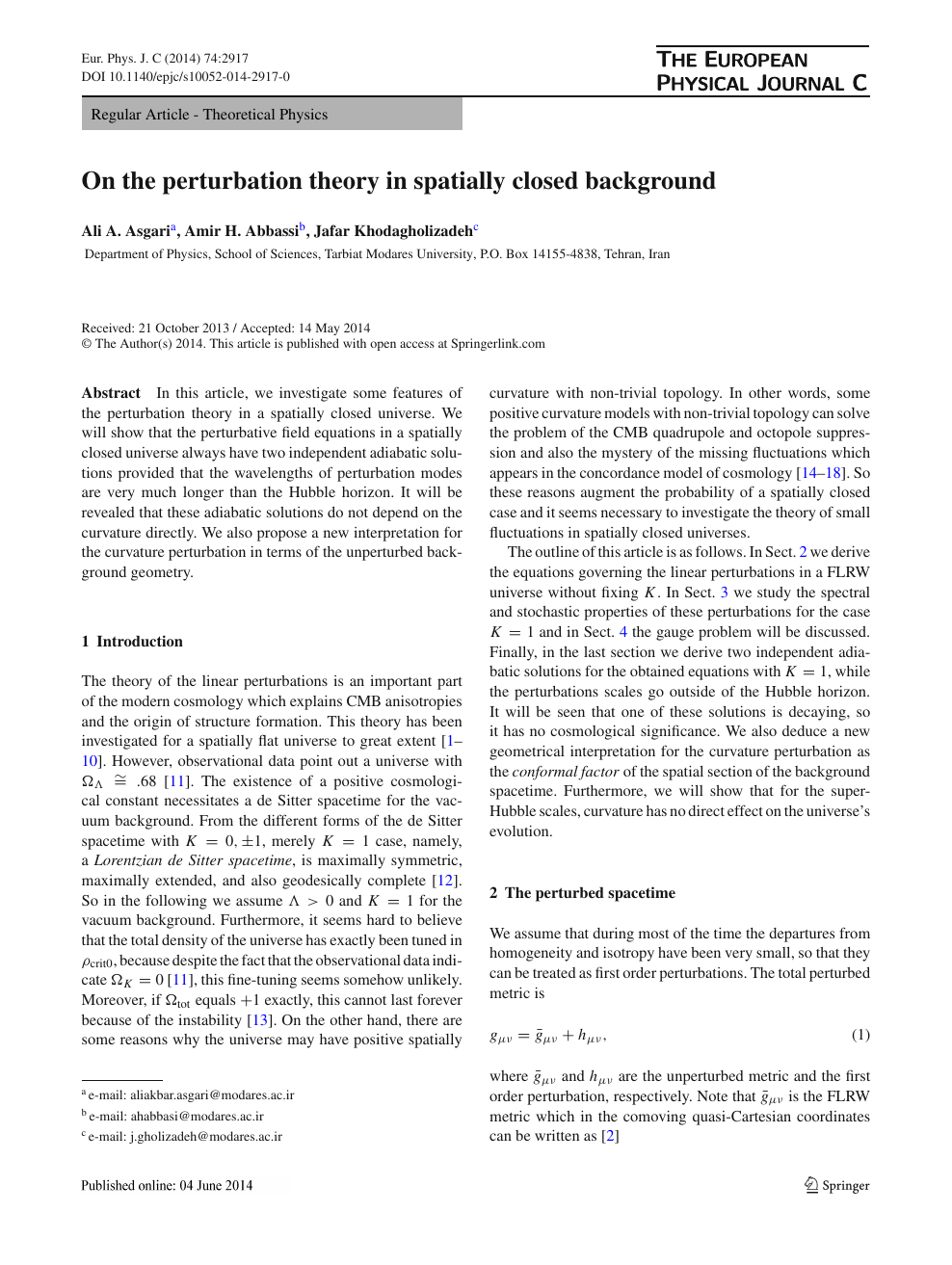 On The Perturbation Theory In Spatially Closed Background Topic Of Research Paper In Physical Sciences Download Scholarly Article Pdf And Read For Free On Cyberleninka Open Science Hub