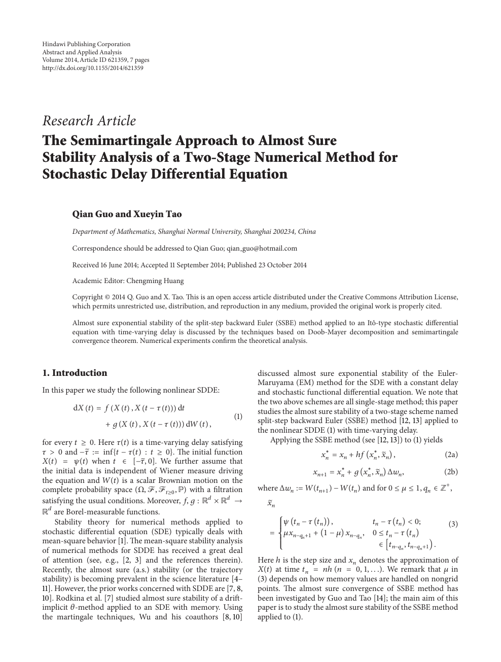 The Semimartingale Approach To Almost Sure Stability Analysis Of A Two Stage Numerical Method For Stochastic Delay Differential Equation Topic Of Research Paper In Mathematics Download Scholarly Article Pdf And Read For