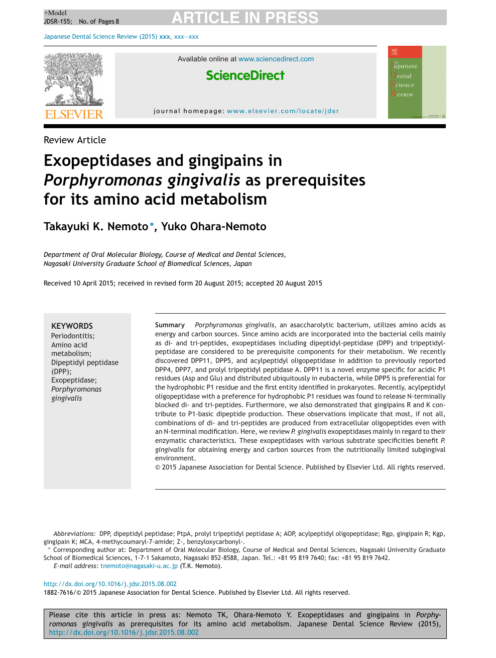 Exopeptidases And Gingipains In Porphyromonas Gingivalis As