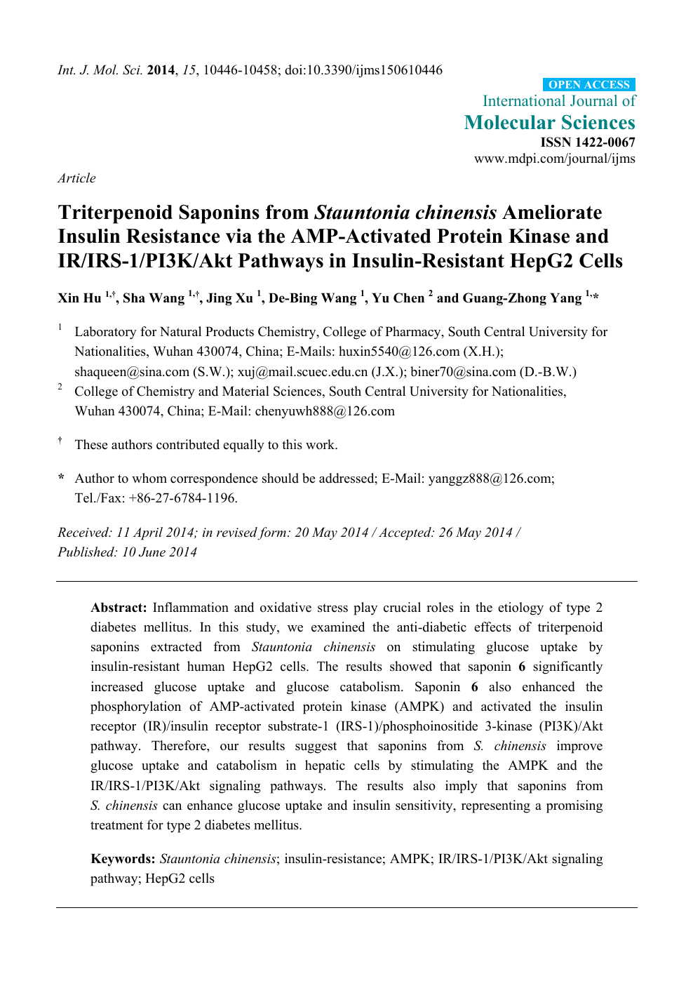 Triterpenoid Saponins From Stauntonia Chinensis Ameliorate Insulin Resistance Via The Amp Activated Protein Kinase And Ir Irs 1 Pi3k Akt Pathways In Insulin Resistant Hepg2 Cells Topic Of Research Paper In Biological Sciences Download Scholarly