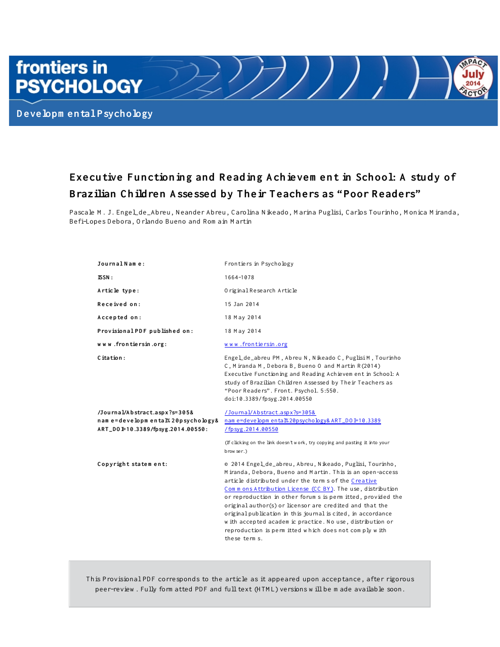 Executive Functioning And Reading Achievement In School A Study Of Brazilian Children Assessed By Their Teachers As A œpoor Readersa Topic Of Research Paper In Psychology Download Scholarly Article Pdf And Read