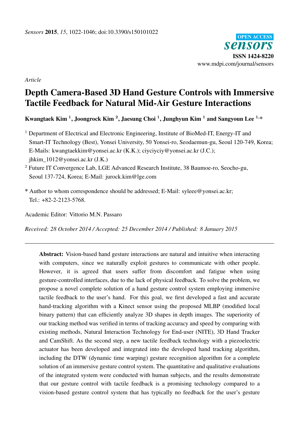 Depth Camera Based 3d Hand Gesture Controls With Immersive Tactile Feedback For Natural Mid Air Gesture Interactions Topic Of Research Paper In Mechanical Engineering Download Scholarly Article Pdf And Read For Free On