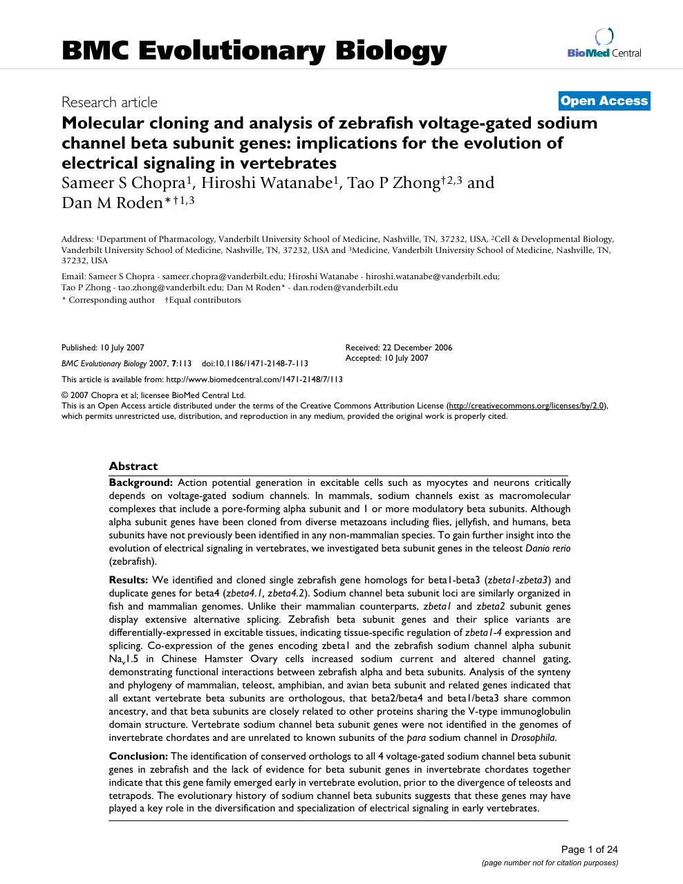 Molecular Cloning And Analysis Of Zebrafish Voltage Gated Sodium Channel Beta Subunit Genes Implications For The Evolution Of Electrical Signaling In Vertebrates Topic Of Research Paper In Biological Sciences Download Scholarly Article