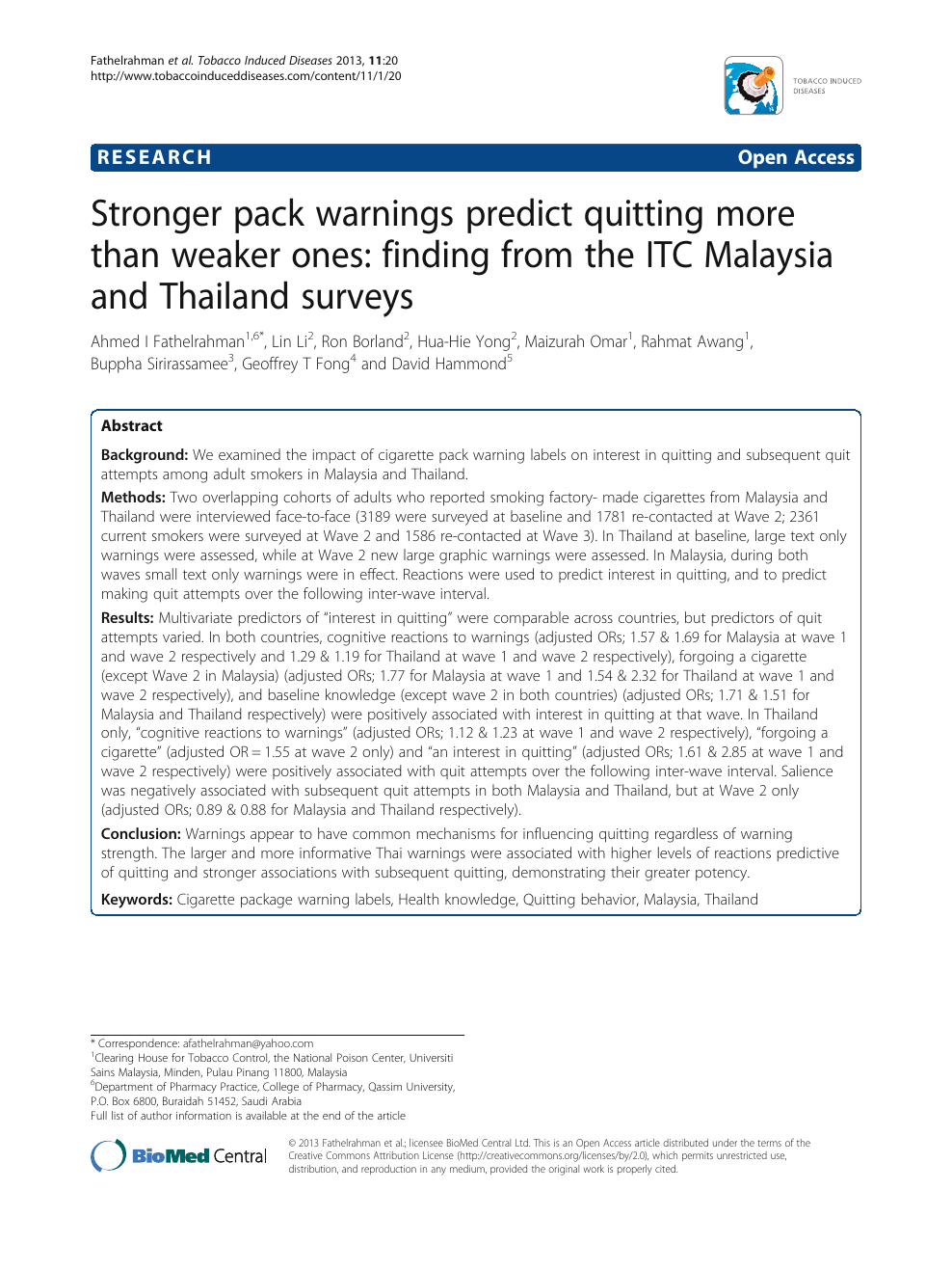 Stronger Pack Warnings Predict Quitting More Than Weaker Ones Finding From The Itc Malaysia And Thailand Surveys Topic Of Research Paper In Health Sciences Download Scholarly Article Pdf And Read For