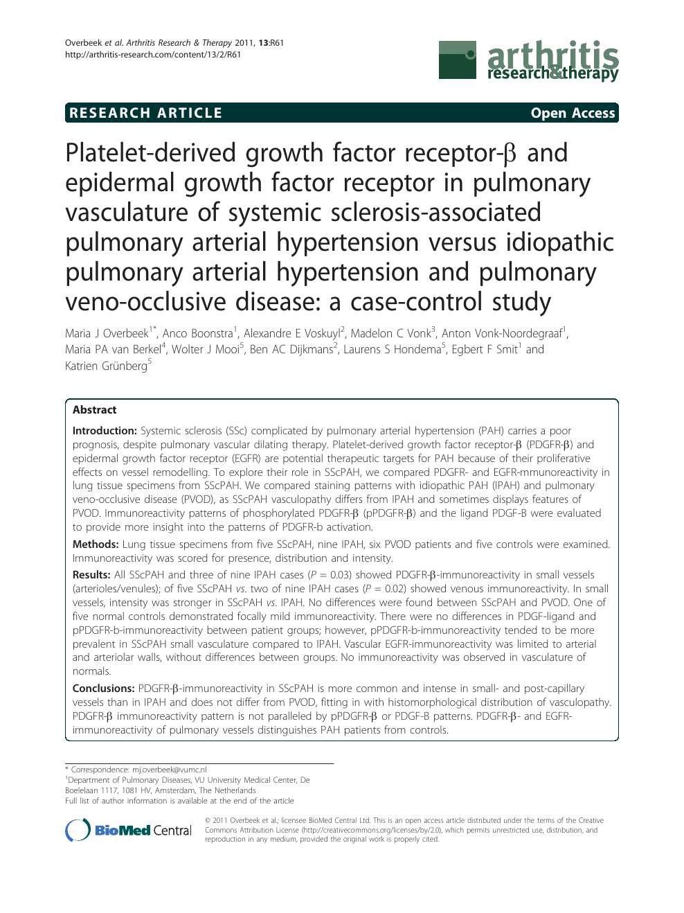 Platelet Derived Growth Factor Receptor B And Epidermal Growth Factor Receptor In Pulmonary Vasculature Of Systemic Sclerosis Associated Pulmonary Arterial Hypertension Versus Idiopathic Pulmonary Arterial Hypertension And Pulmonary Veno Occlusive