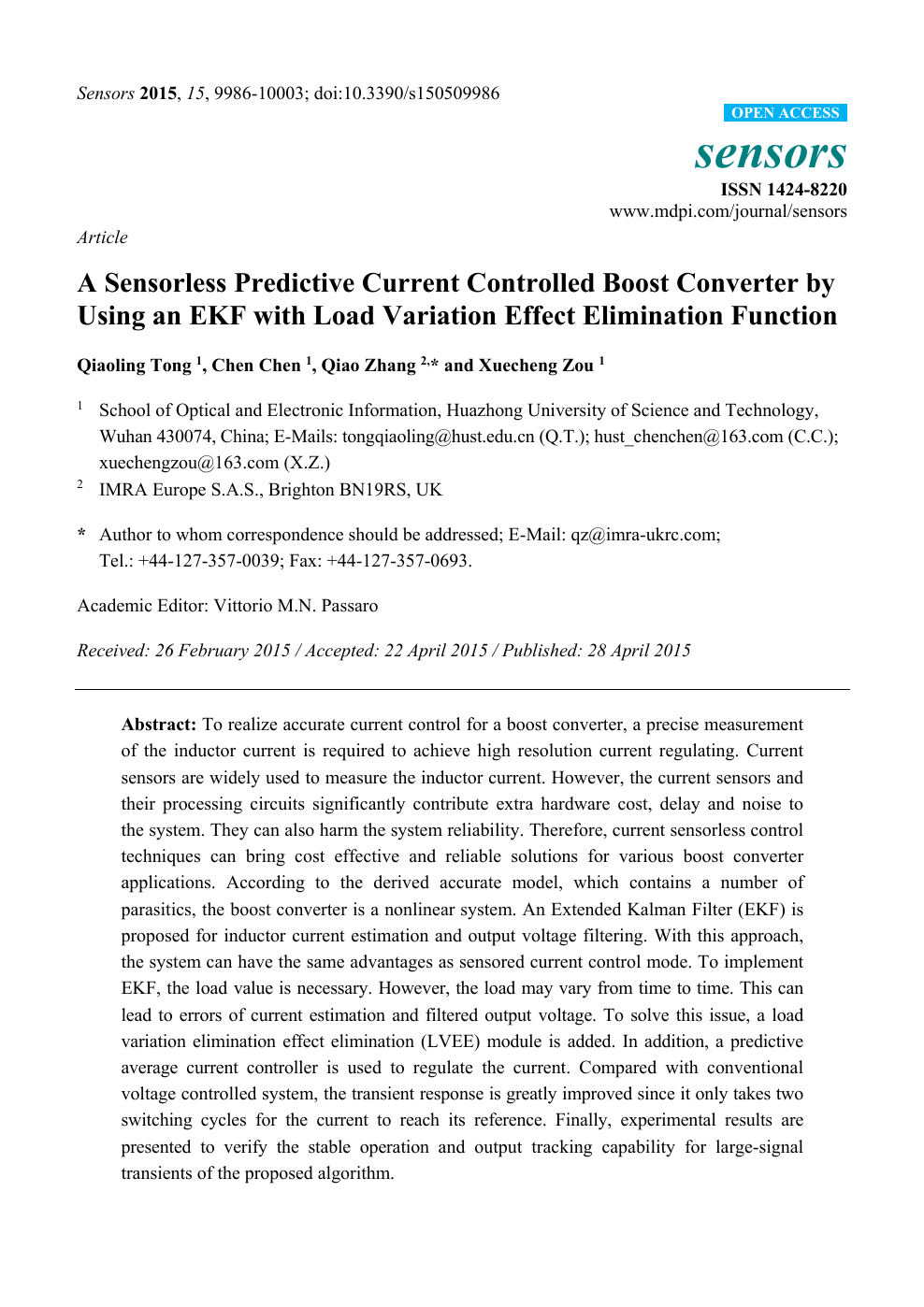 A Sensorless Predictive Current Controlled Boost Converter By Using An Ekf With Load Variation Effect Elimination Function Topic Of Research Paper In Electrical Engineering Electronic Engineering Information Engineering Download Scholarly Article