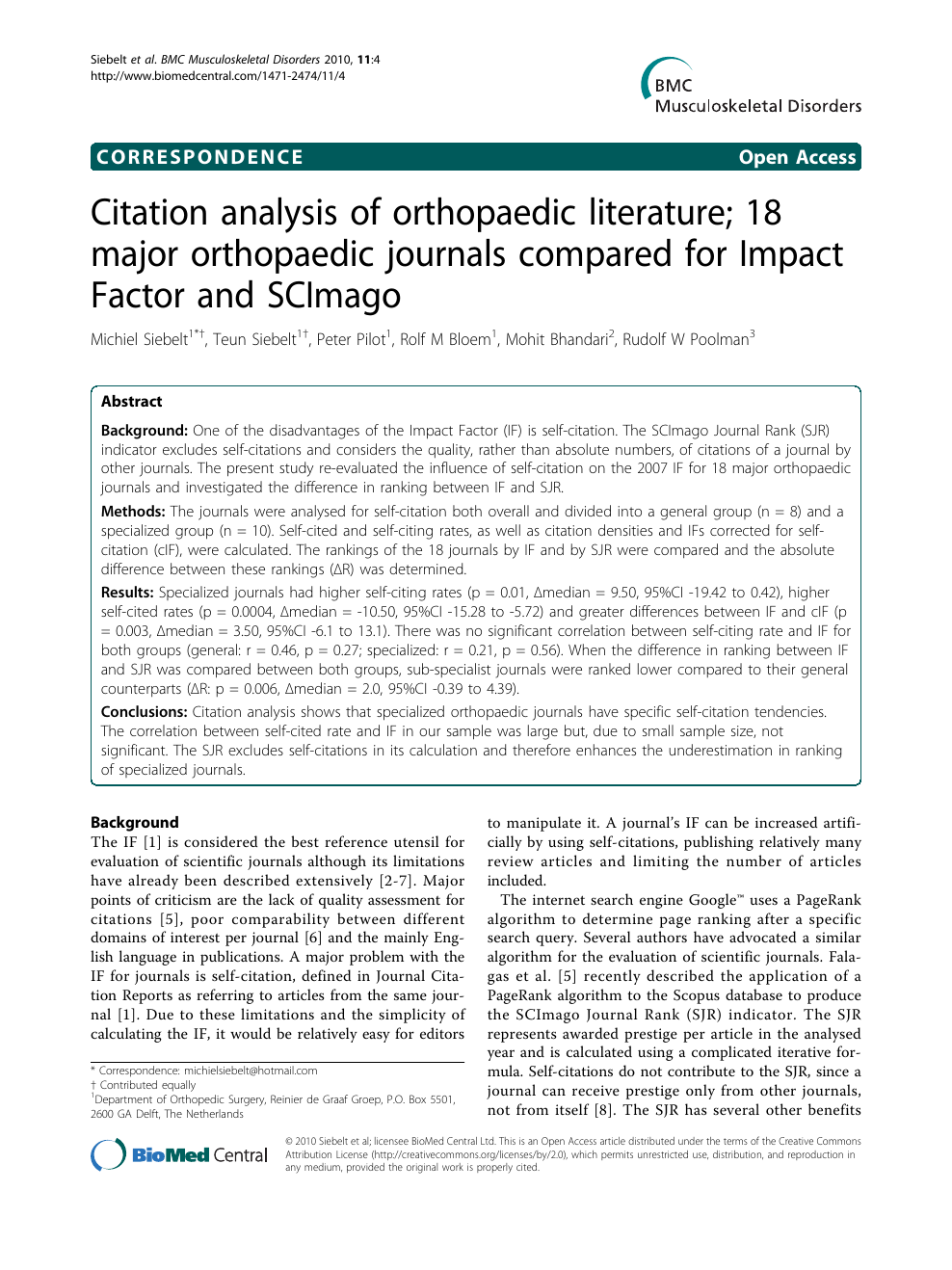 Citation Analysis Of Orthopaedic Literature 18 Major Orthopaedic Journals Compared For Impact Factor And Scimago Topic Of Research Paper In Health Sciences Download Scholarly Article Pdf And Read For Free On