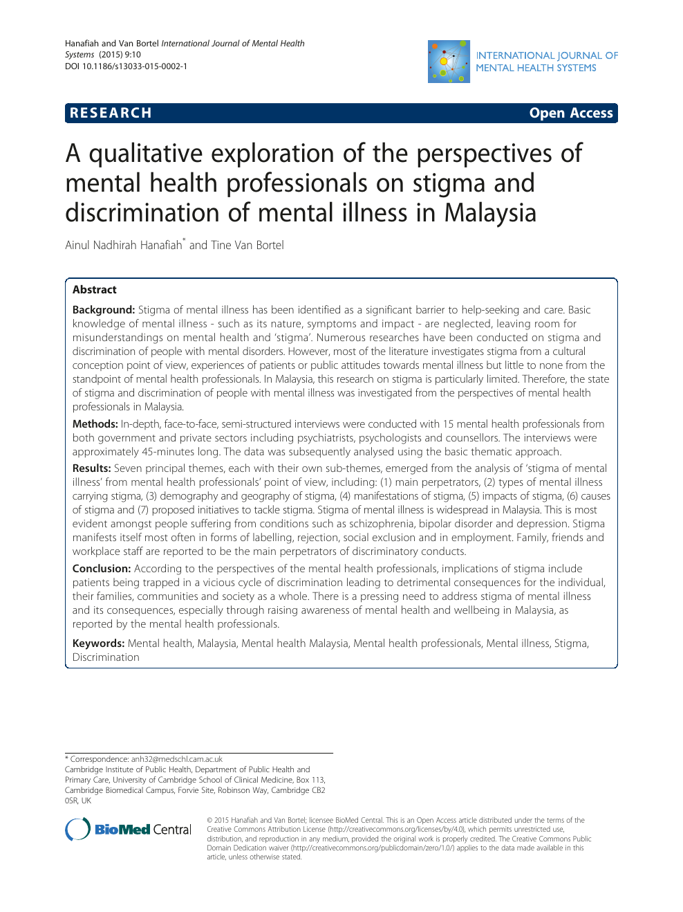 A Qualitative Exploration Of The Perspectives Of Mental Health Professionals On Stigma And Discrimination Of Mental Illness In Malaysia Topic Of Research Paper In Psychology Download Scholarly Article Pdf And Read