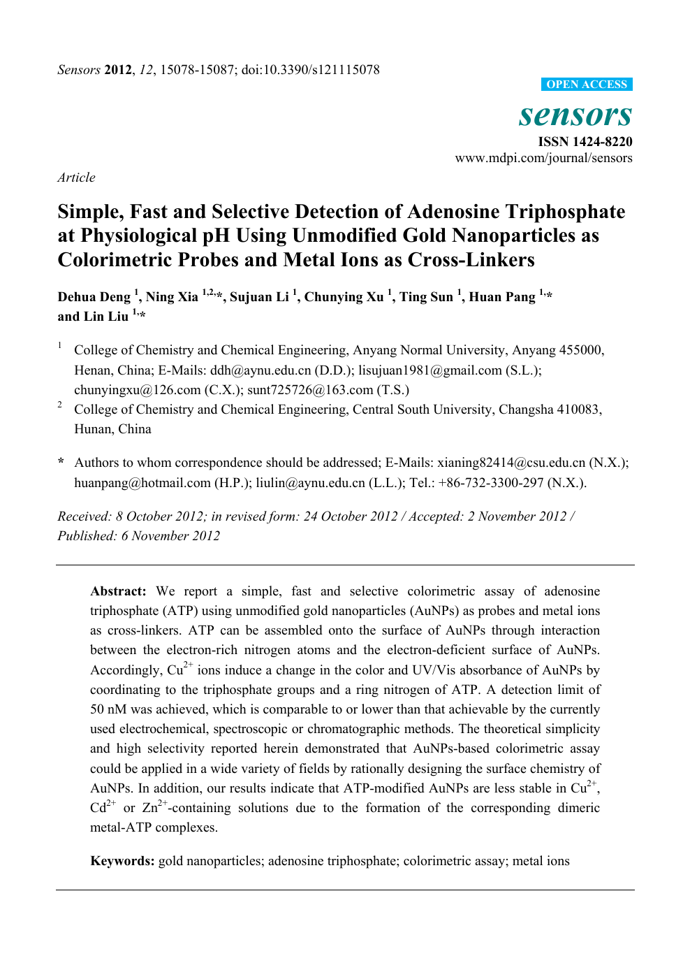 Simple Fast And Selective Detection Of Adenosine Triphosphate At Physiological Ph Using Unmodified Gold Nanoparticles As Colorimetric Probes And Metal Ions As Cross Linkers Topic Of Research Paper In Nano Technology Download Scholarly