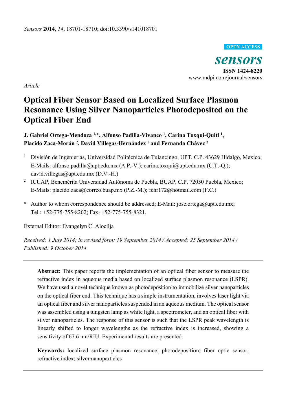 Optical Fiber Sensor Based On Localized Surface Plasmon Resonance Using Silver Nanoparticles Photodeposited On The Optical Fiber End Topic Of Research Paper In Nano Technology Download Scholarly Article Pdf And Read For