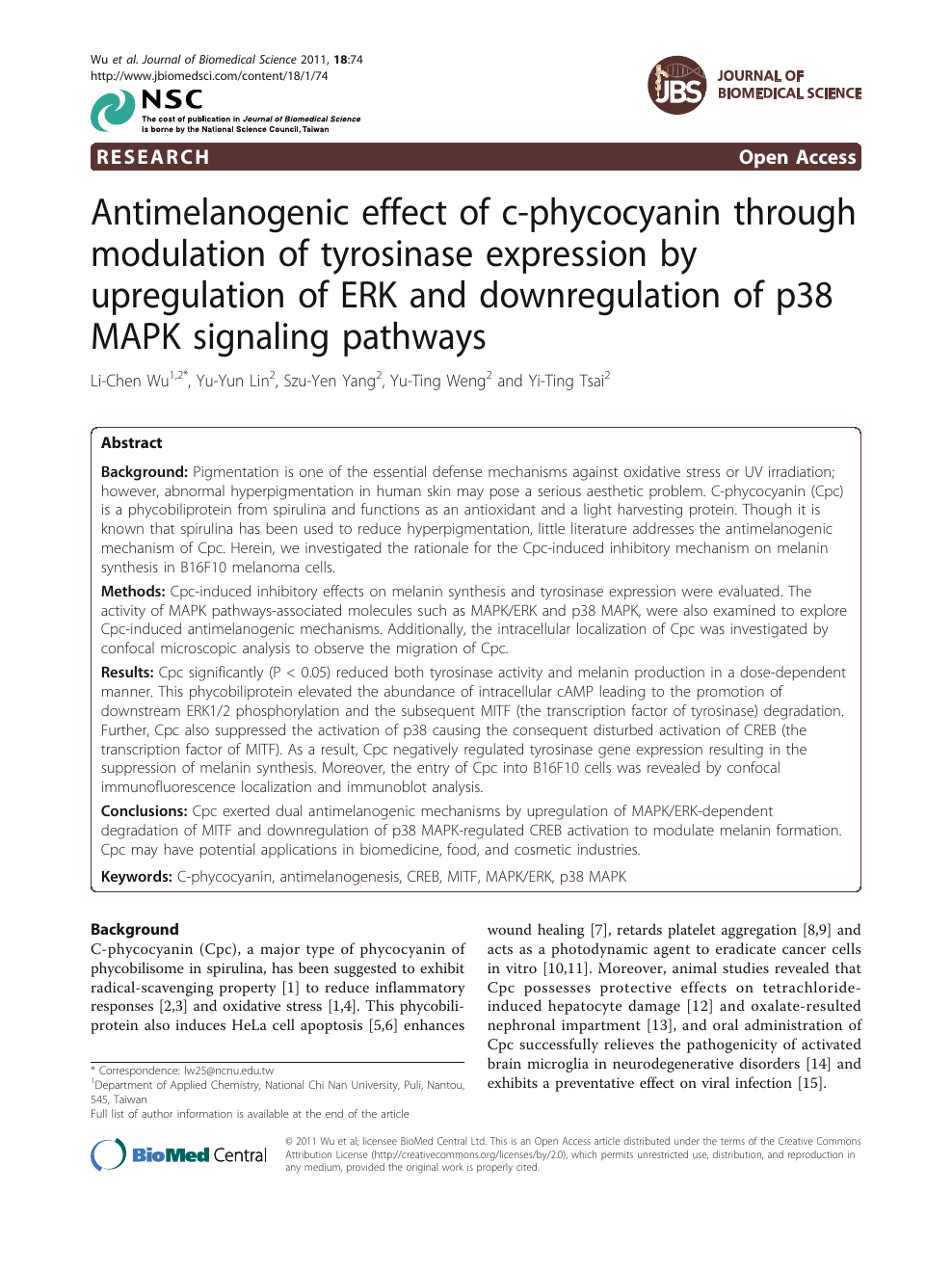 Antimelanogenic Effect Of C Phycocyanin Through Modulation Of Tyrosinase Expression By Upregulation Of Erk And Downregulation Of P38 Mapk Signaling Pathways Topic Of Research Paper In Biological Sciences Download Scholarly Article Pdf