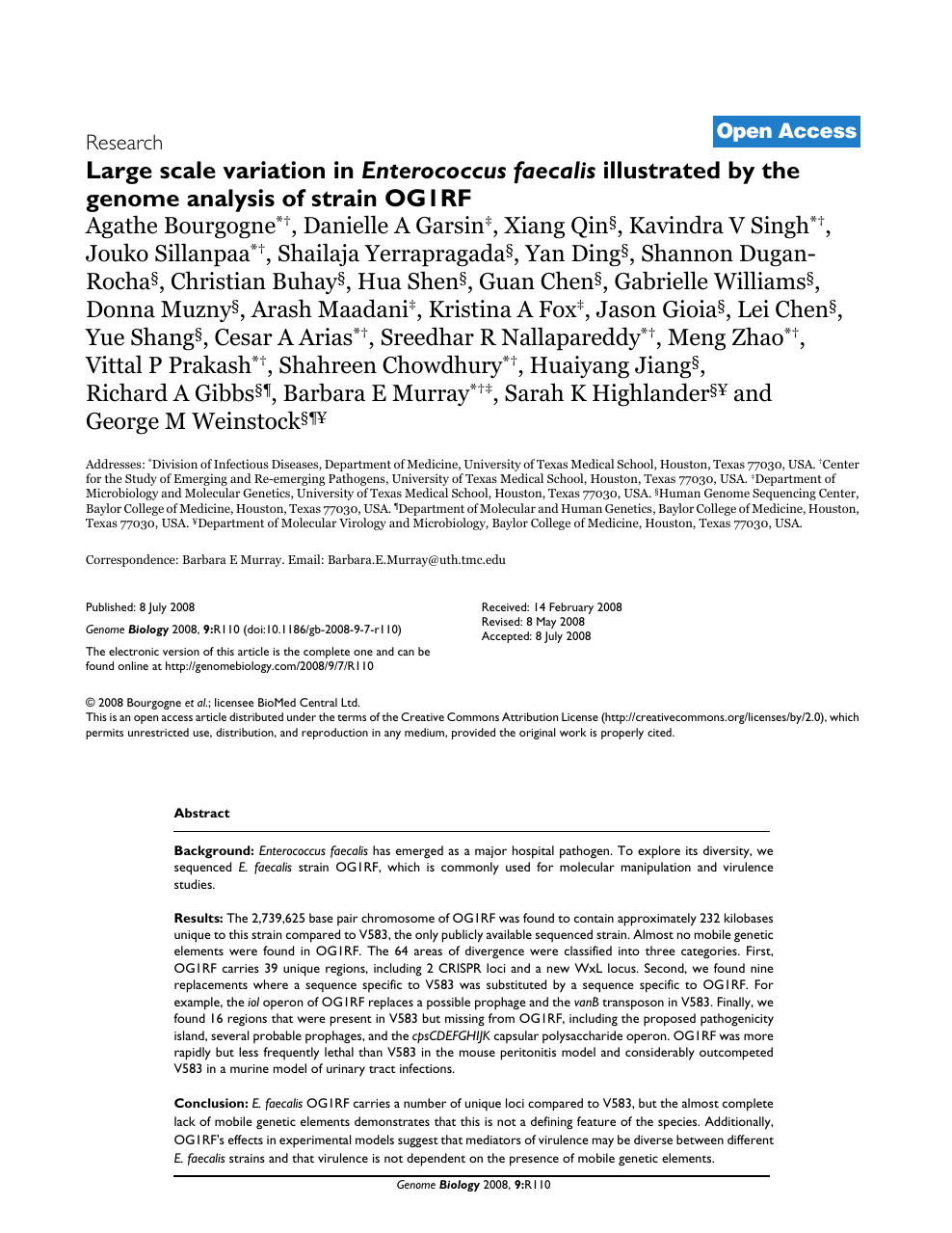 Large Scale Variation In Enterococcus Faecalis Illustrated By The Genome Analysis Of Strain Og1rf Topic Of Research Paper In Biological Sciences Download Scholarly Article Pdf And Read For Free On Cyberleninka