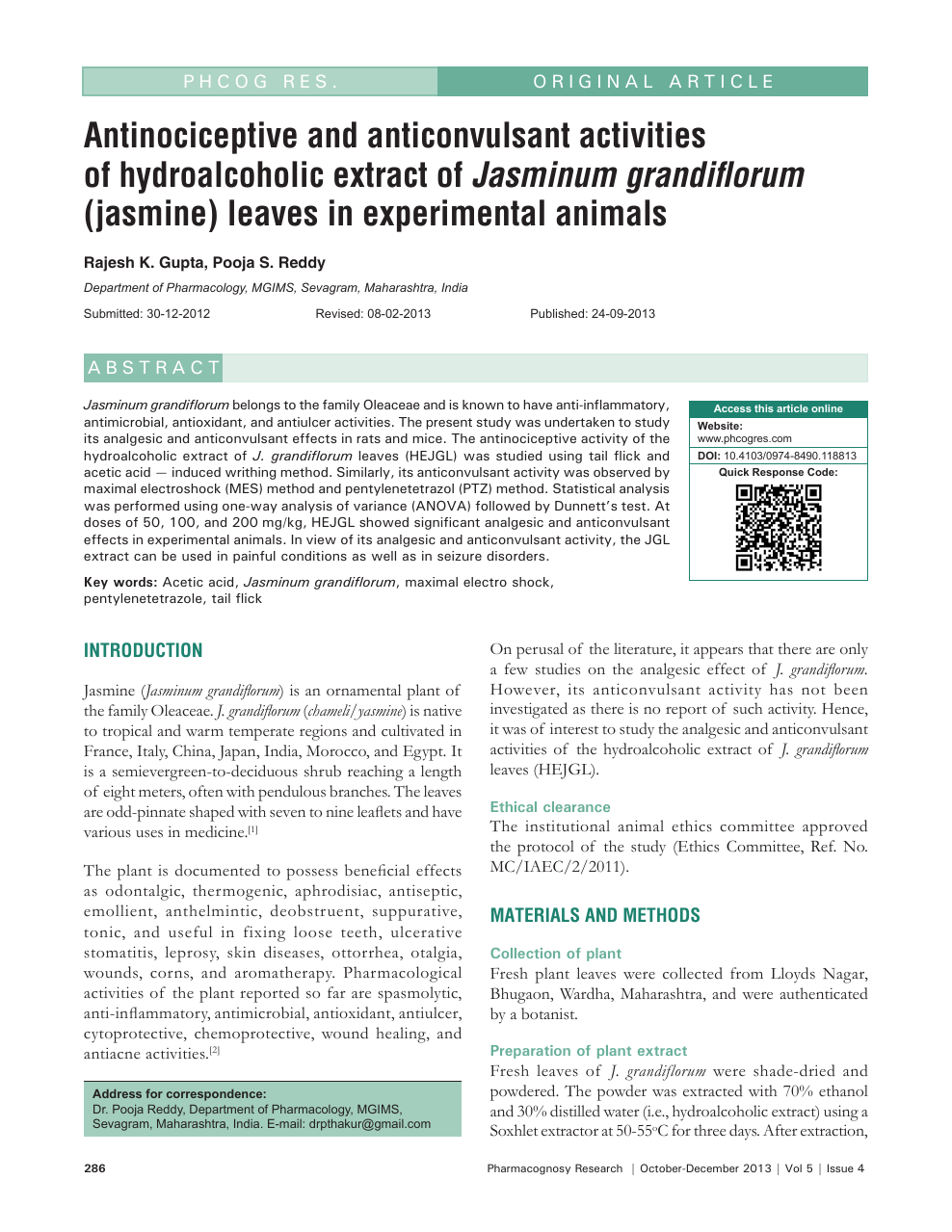 Antinociceptive and anticonvulsant activities of hydroalcoholic extract of  Jasminum grandiflorum (jasmine) leaves in experimental animals – topic of  research paper in Biological sciences. Download scholarly article PDF and  read for free on