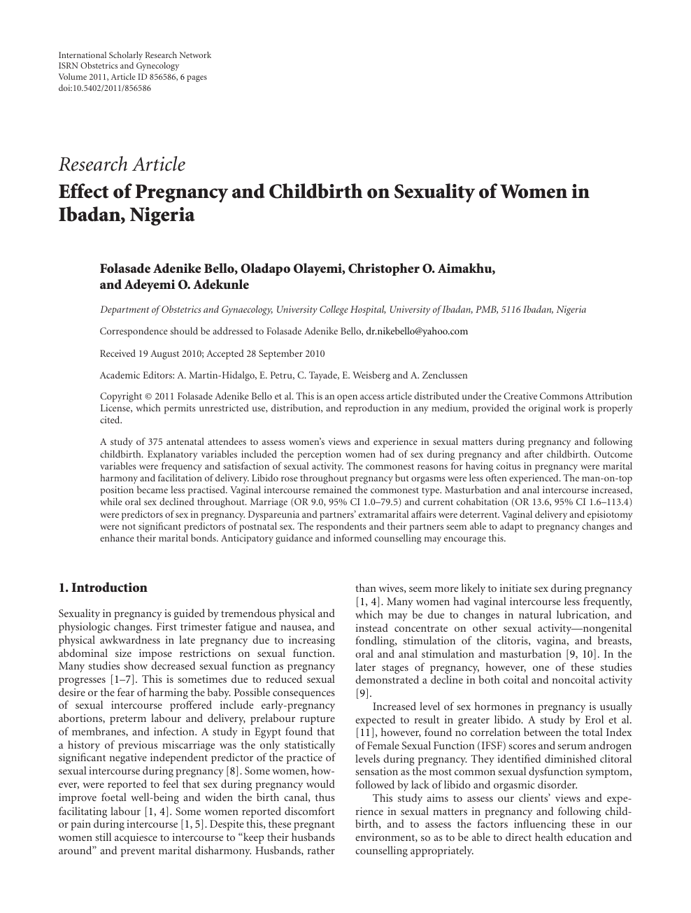 Effect of Pregnancy and Childbirth on Sexuality of Women in Ibadan, Nigeria  – topic of research paper in Health sciences. Download scholarly article  PDF and read for free on CyberLeninka open science