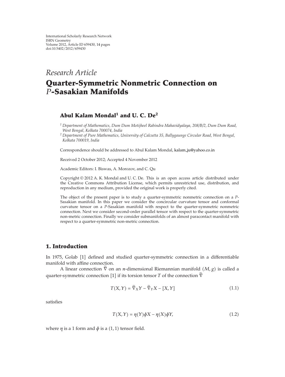 Quarter Symmetric Nonmetric Connection On Sasakian Manifolds Topic Of Research Paper In Mathematics Download Scholarly Article Pdf And Read For Free On Cyberleninka Open Science Hub