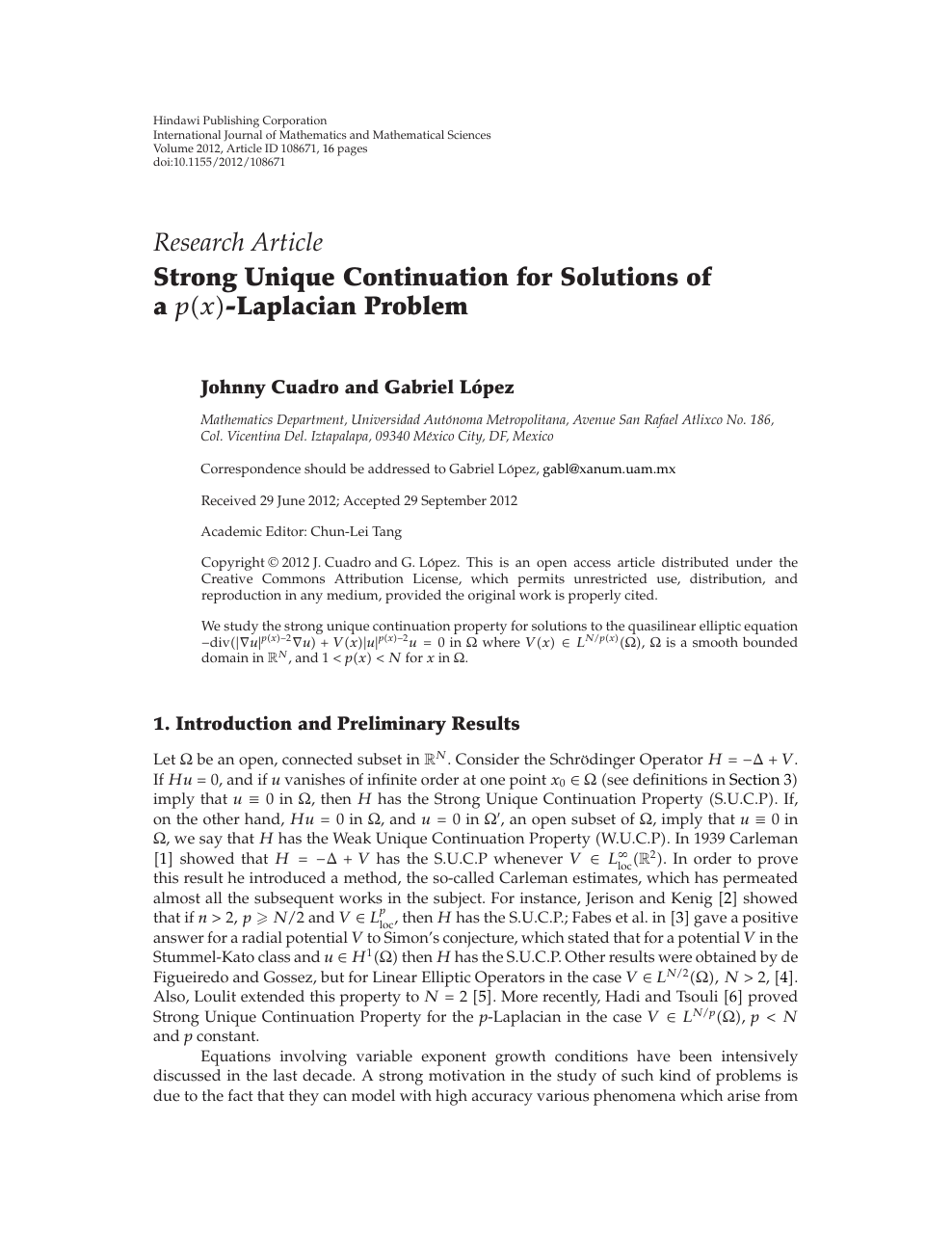 Strong Unique Continuation For Solutions Of A P X Laplacian Problem Topic Of Research Paper In Mathematics Download Scholarly Article Pdf And Read For Free On Cyberleninka Open Science Hub