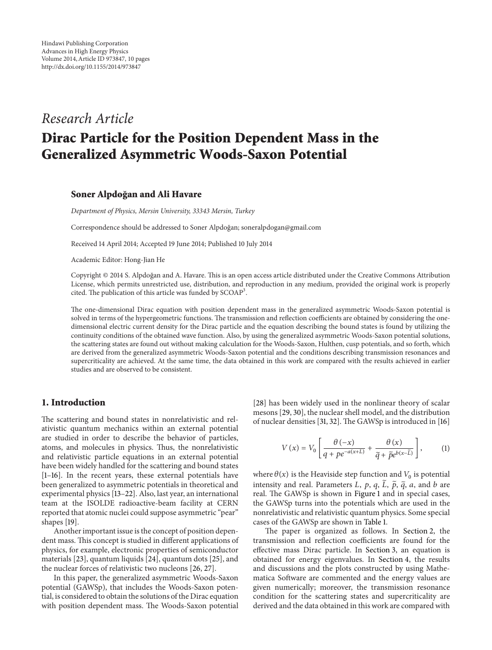 Dirac Particle For The Position Dependent Mass In The Generalized Asymmetric Woods Saxon Potential Topic Of Research Paper In Physical Sciences Download Scholarly Article Pdf And Read For Free On Cyberleninka Open