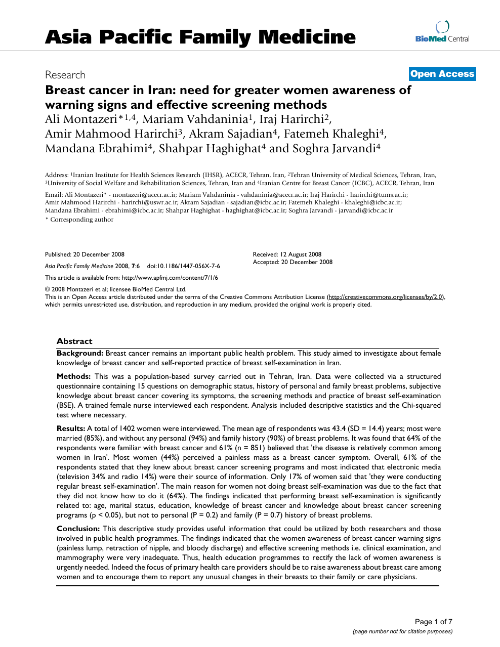 Breast cancer in Iran: need for greater women awareness of warning signs and effective screening methods – topic of research in Nano-technology. scholarly article and read free on