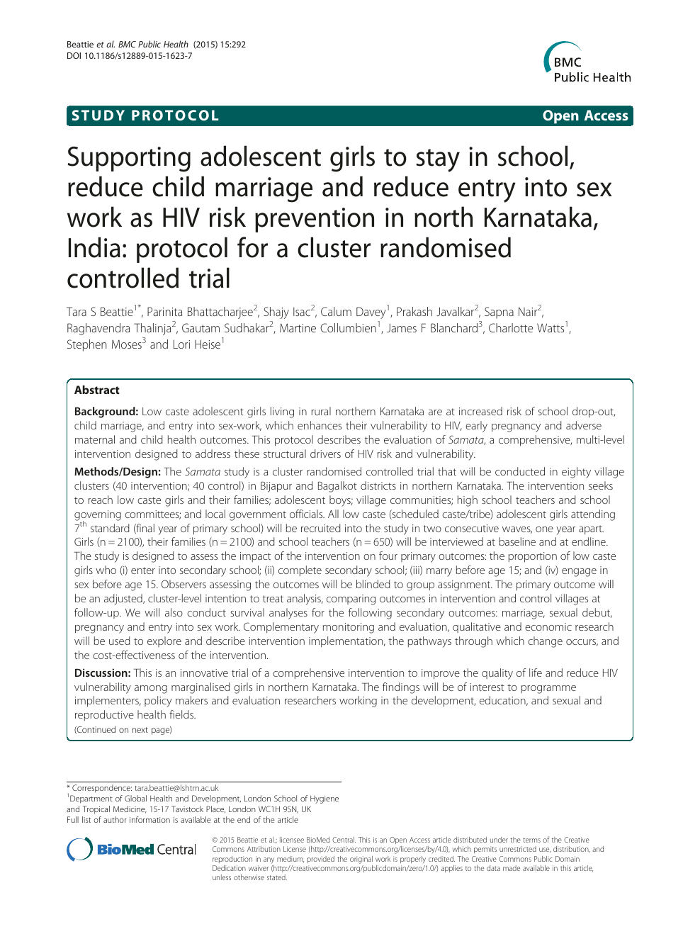 Supporting adolescent girls to stay in school, reduce child marriage and reduce entry into sex work as HIV risk prevention in north Karnataka, India protocol for a cluster randomised controlled trial – picture