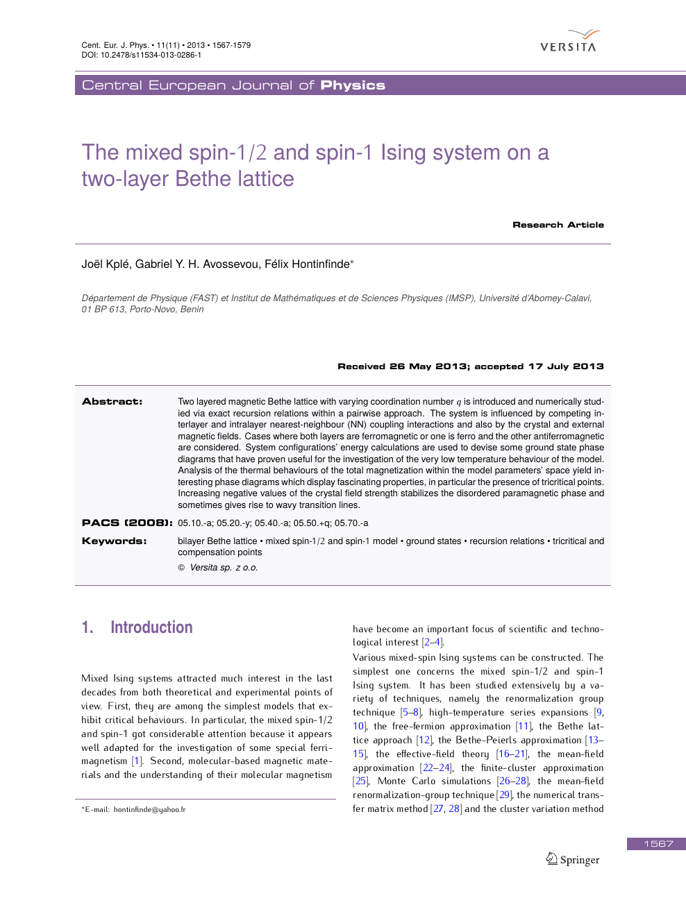 The Mixed Spin 1 2 And Spin 1 Ising System On A Two Layer Bethe Lattice Topic Of Research Paper In Physical Sciences Download Scholarly Article Pdf And Read For Free On Cyberleninka Open Science