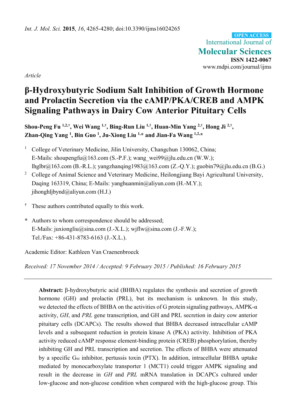 B Hydroxybutyric Sodium Salt Inhibition Of Growth Hormone And Prolactin Secretion Via The Camp Pka Creb And Ampk Signaling Pathways In Dairy Cow Anterior Pituitary Cells Topic Of Research Paper In Biological Sciences Download