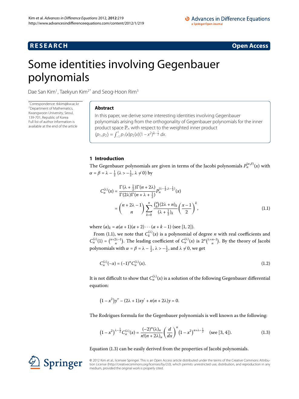 Some Identities Involving Gegenbauer Polynomials Topic Of Research Paper In Mathematics Download Scholarly Article Pdf And Read For Free On Cyberleninka Open Science Hub
