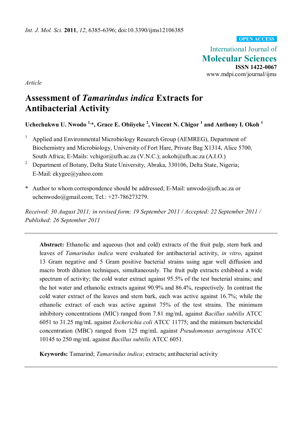 Assessment Of Tamarindus Indica Extracts For Antibacterial Activity Topic Of Research Paper In Biological Sciences Download Scholarly Article Pdf And Read For Free On Cyberleninka Open Science Hub