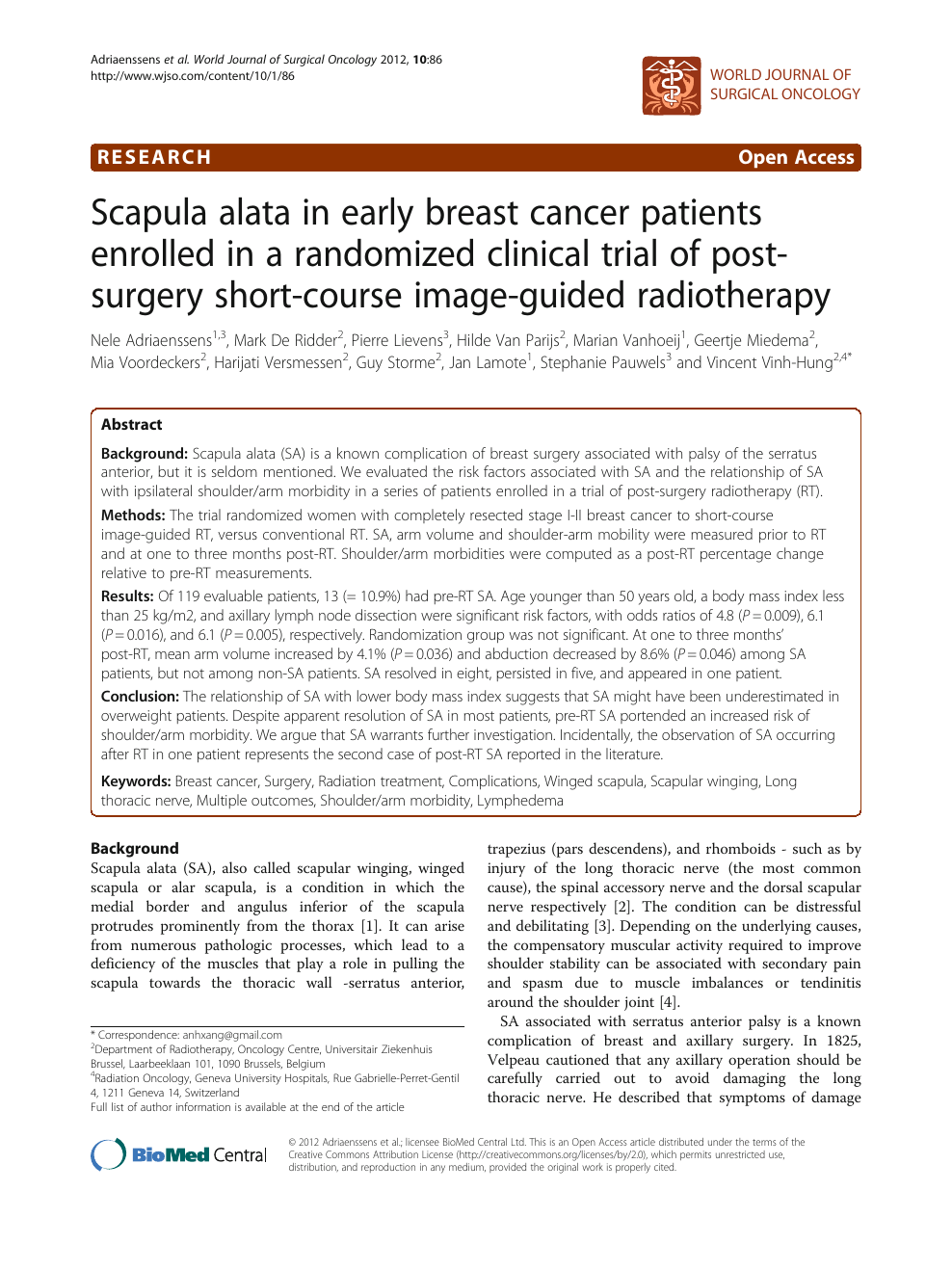 Scapula alata in early breast cancer patients enrolled in a randomized clinical trial of post-surgery short-course image-guided radiotherapy – topic of research paper in Medical Download scholarly article read