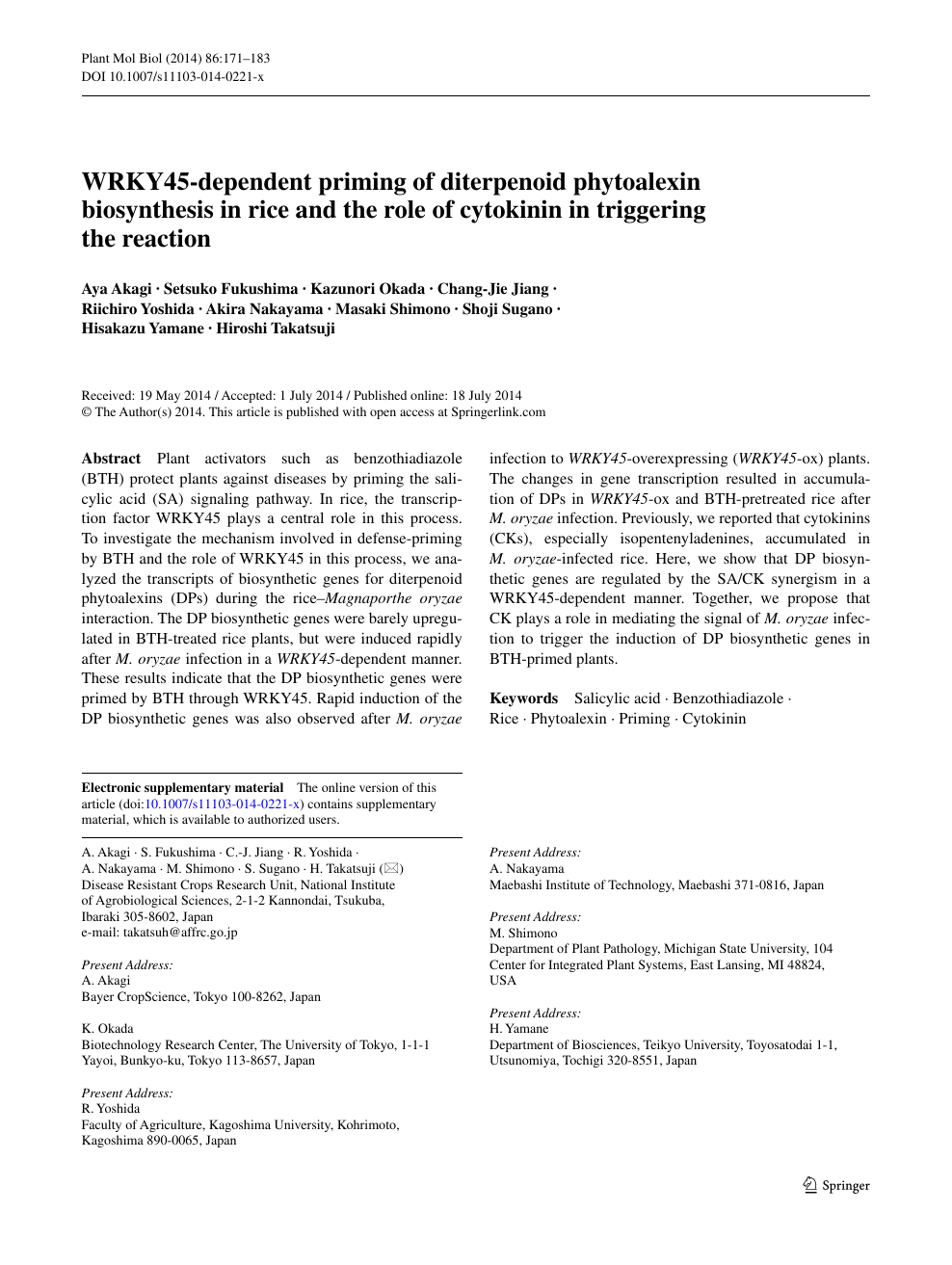 Wrky45 Dependent Priming Of Diterpenoid Phytoalexin Biosynthesis In Rice And The Role Of Cytokinin In Triggering The Reaction Topic Of Research Paper In Biological Sciences Download Scholarly Article Pdf And Read For