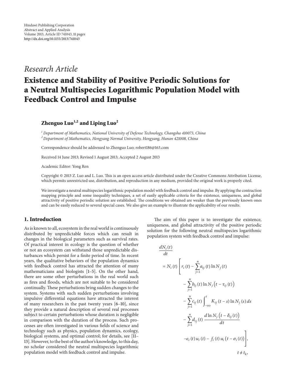 Existence And Stability Of Positive Periodic Solutions For A Neutral Multispecies Logarithmic Population Model With Feedback Control And Impulse Topic Of Research Paper In Mathematics Download Scholarly Article Pdf And Read