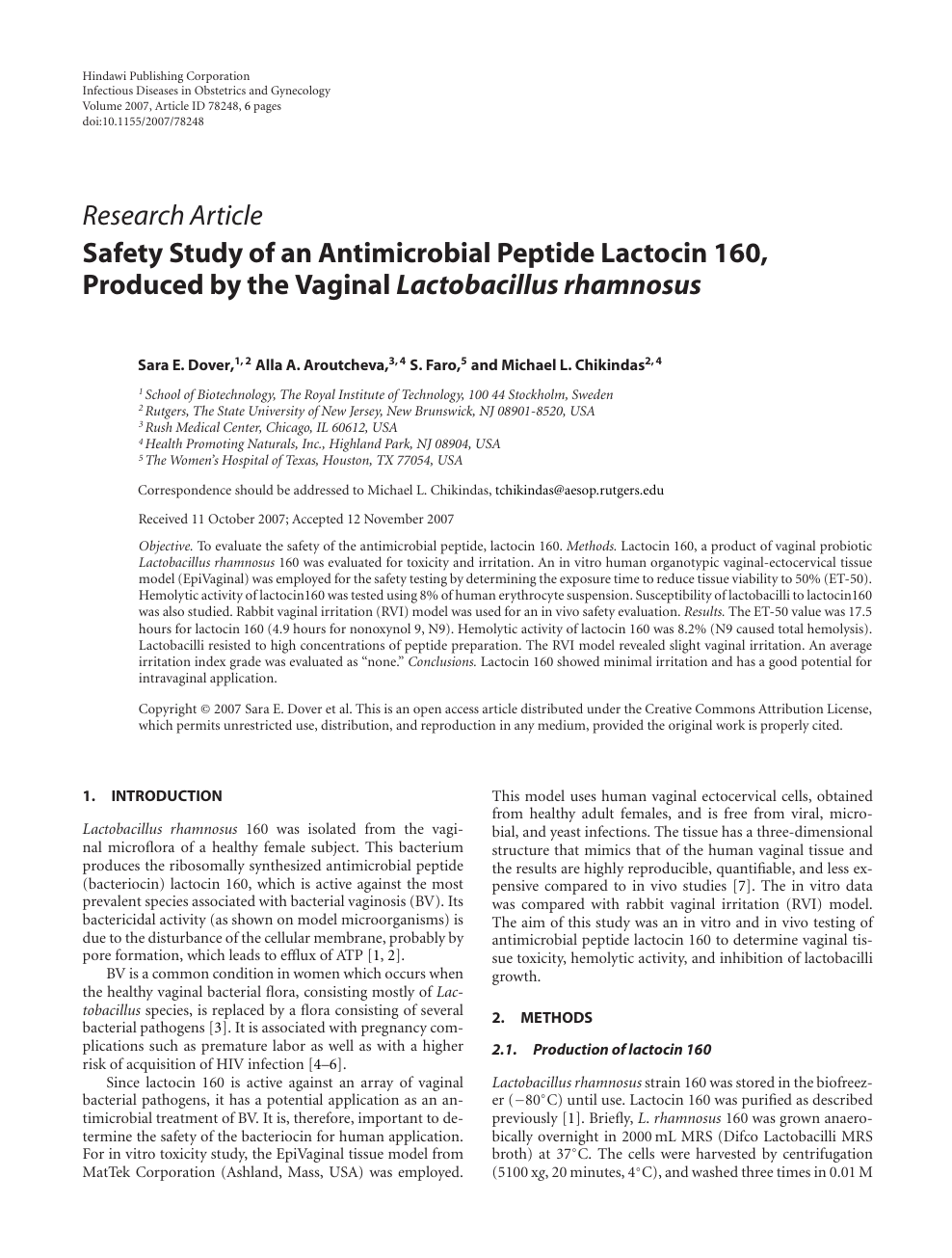 Safety Study Of An Antimicrobial Peptide Lactocin 160 Produced By The Vaginal Lactobacillus Rhamnosus Topic Of Research Paper In Veterinary Science Download Scholarly Article Pdf And Read For Free On Cyberleninka