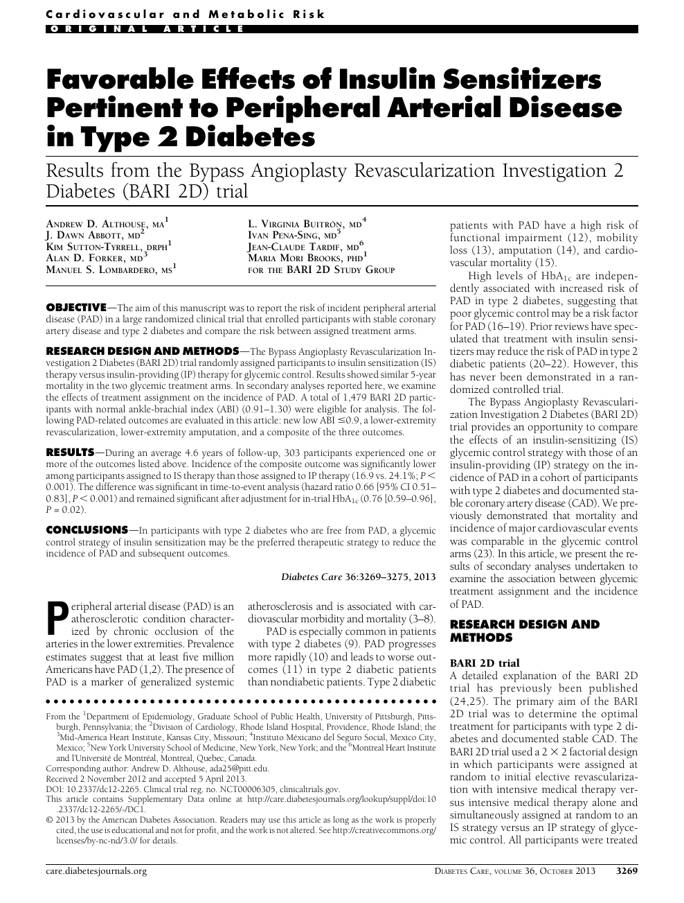 Favorable Effects Of Insulin Sensitizers Pertinent To Peripheral Arterial Disease In Type 2 Diabetes Results From The Bypass Angioplasty Revascularization Investigation 2 Diabetes Bari 2d Trial Topic Of Research Paper In