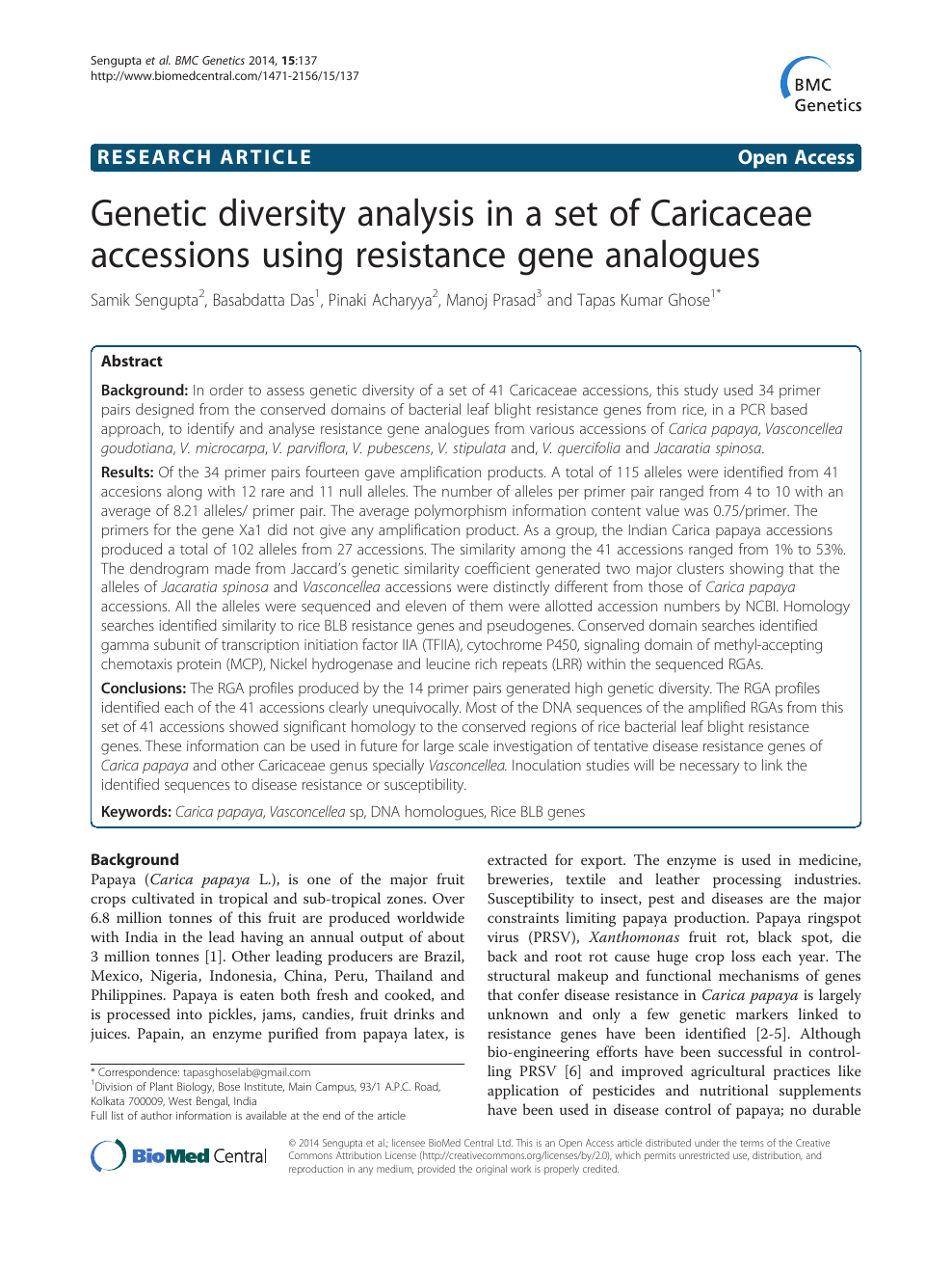 Genetic diversity analysis in a set of Caricaceae accessions using 