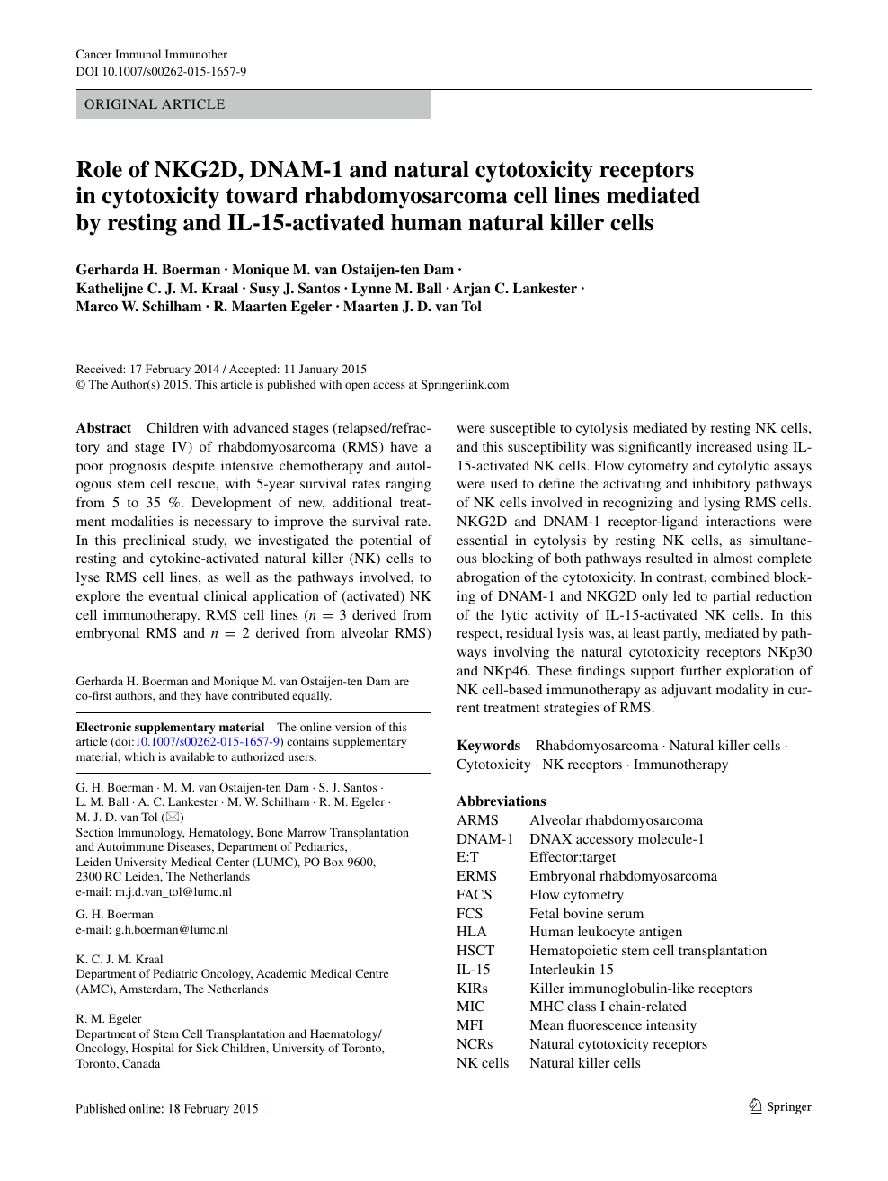 Role Of Nkg2d Dnam 1 And Natural Cytotoxicity Receptors In Cytotoxicity Toward Rhabdomyosarcoma Cell Lines Mediated By Resting And Il 15 Activated Human Natural Killer Cells Topic Of Research Paper In Clinical Medicine Download