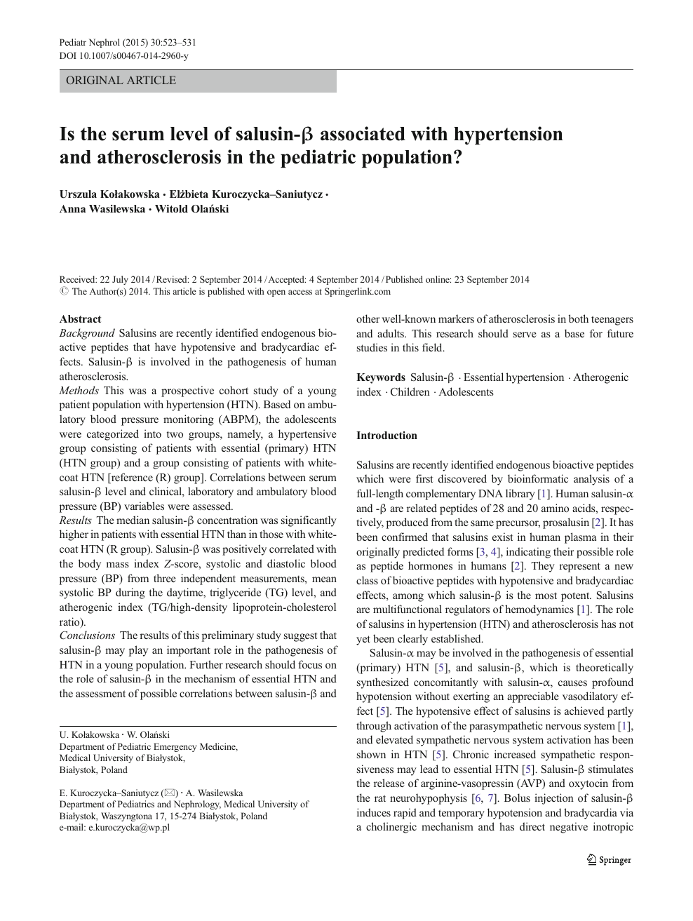 Is The Serum Level Of Salusin B Associated With Hypertension And Atherosclerosis In The Pediatric Population Topic Of Research Paper In Basic Medicine Download Scholarly Article Pdf And Read For Free On