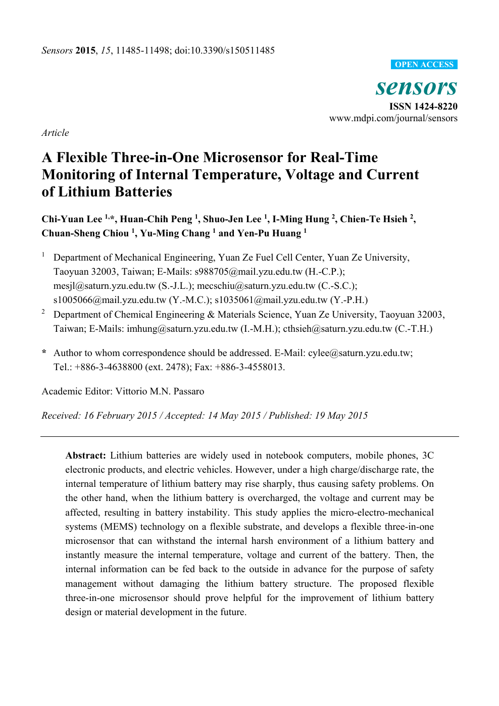A Flexible Three In One Microsensor For Real Time Monitoring Of Internal Temperature Voltage And Current Of Lithium Batteries Topic Of Research Paper In Mechanical Engineering Download Scholarly Article Pdf And Read For Free
