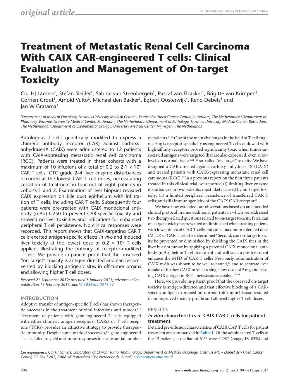 Treatment Of Metastatic Renal Cell Carcinoma With Caix Car Engineered T Cells Clinical Evaluation And Management Of On Target Toxicity Topic Of Research Paper In Clinical Medicine Download Scholarly Article Pdf And Read