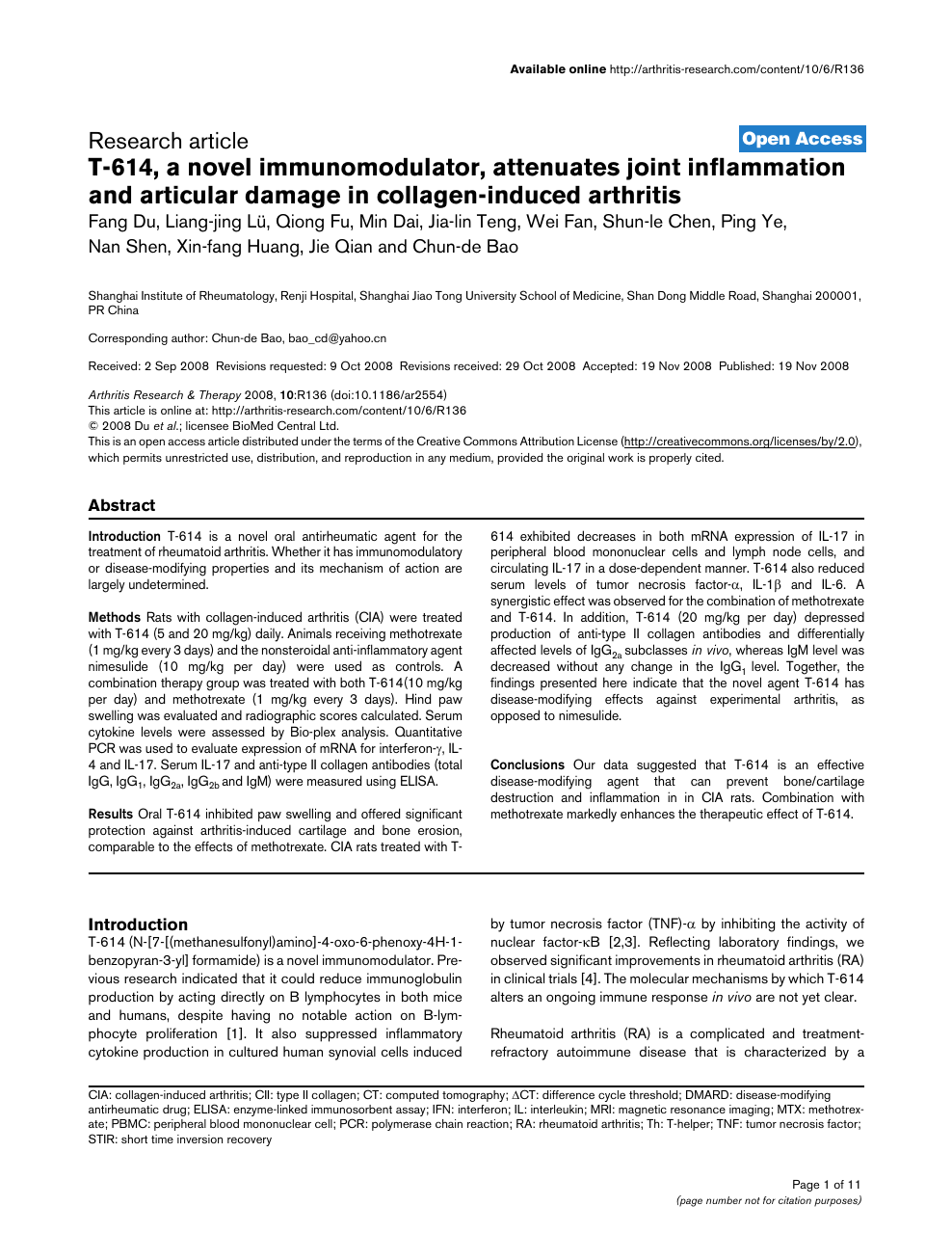 T 614 A Novel Immunomodulator Attenuates Joint Inflammation And Articular Damage In Collagen Induced Arthritis Topic Of Research Paper In Clinical Medicine Download Scholarly Article Pdf And Read For Free On Cyberleninka Open