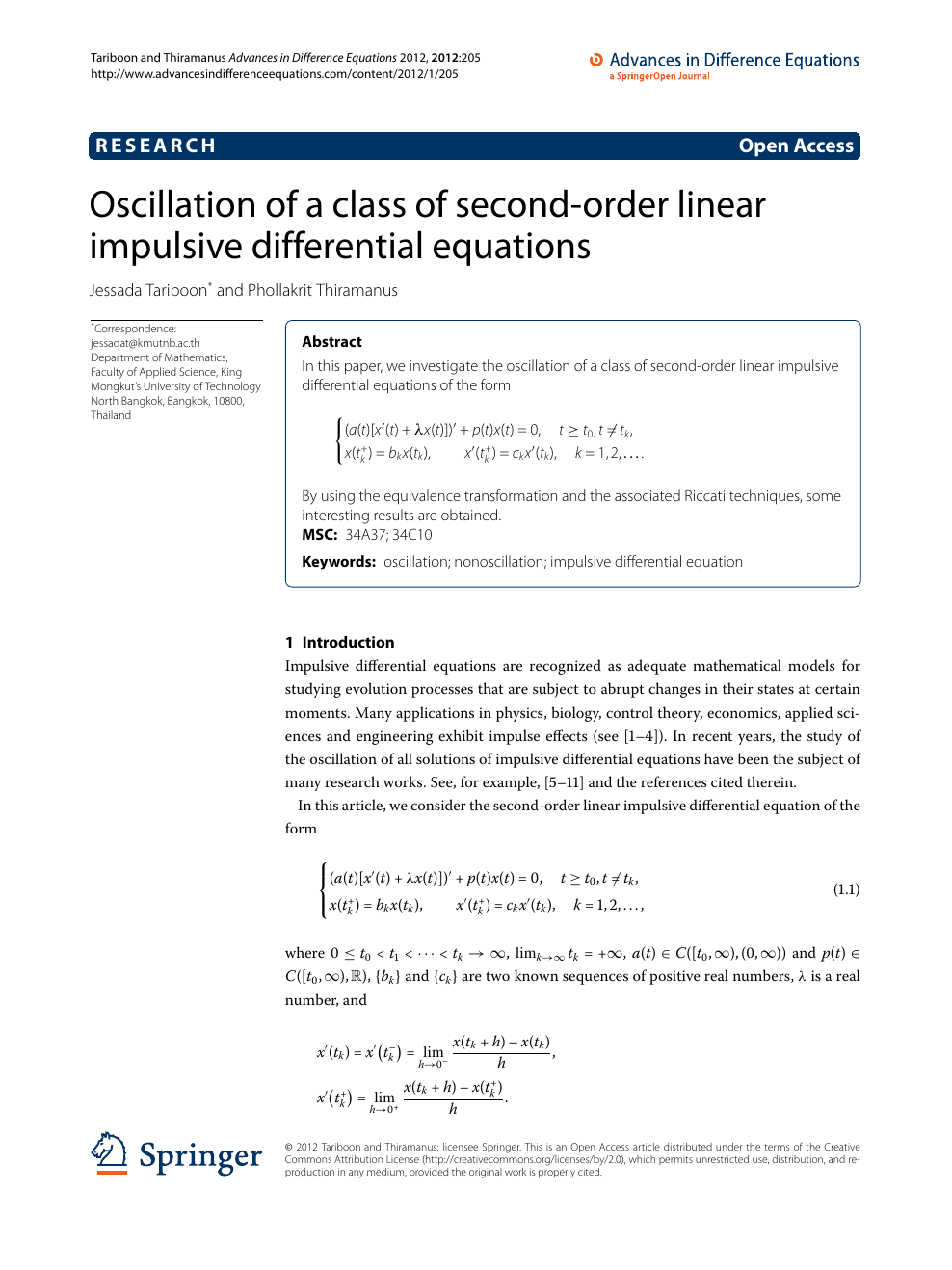 Oscillation Of A Class Of Second Order Linear Impulsive Differential Equations Topic Of Research Paper In Mathematics Download Scholarly Article Pdf And Read For Free On Cyberleninka Open Science Hub