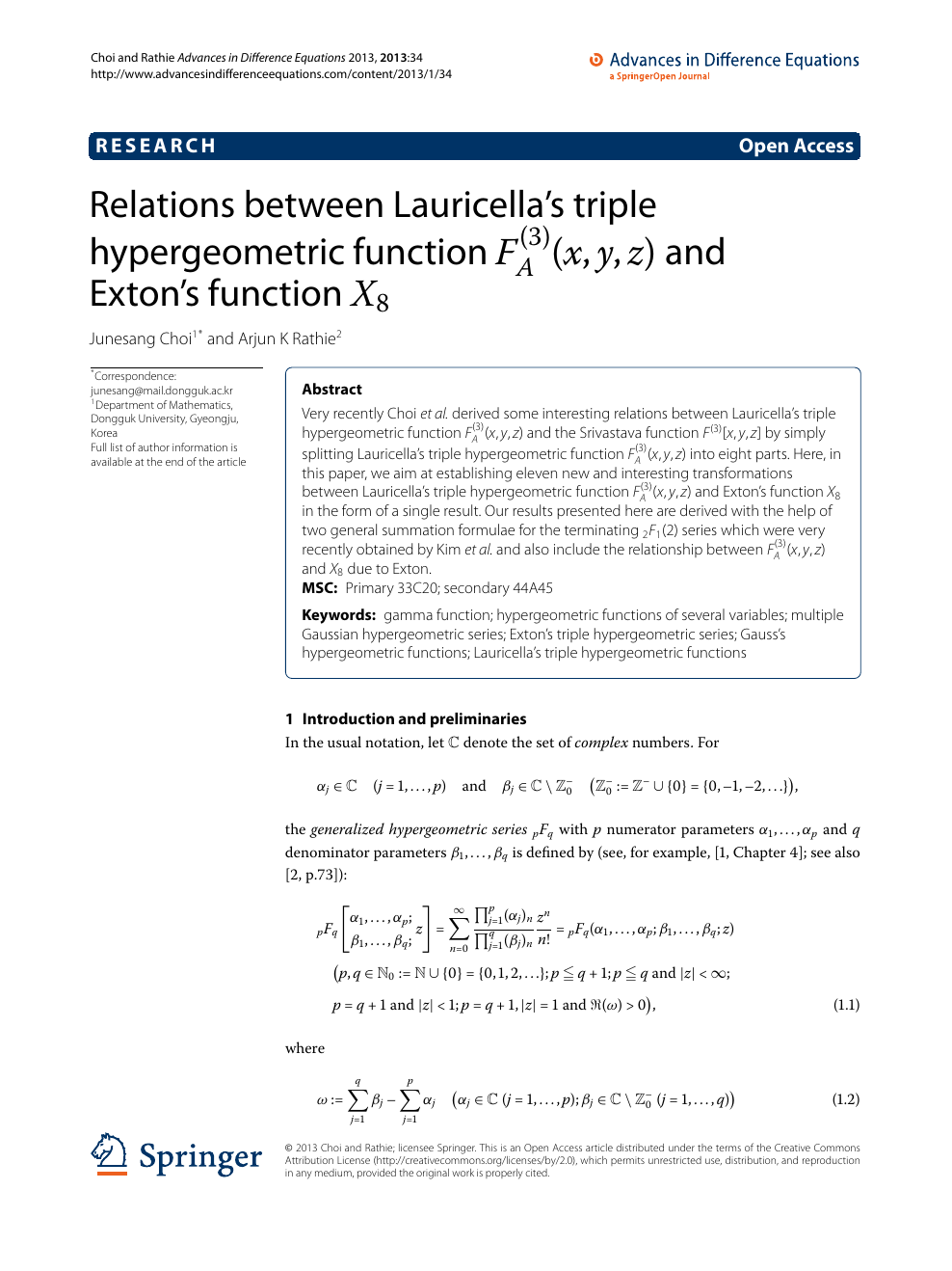 Relations Between Lauricella S Triple Hypergeometric Function Fa 3 X Y Z And Exton S Function X8 Topic Of Research Paper In Mathematics Download Scholarly Article Pdf And Read For Free On Cyberleninka Open Science Hub