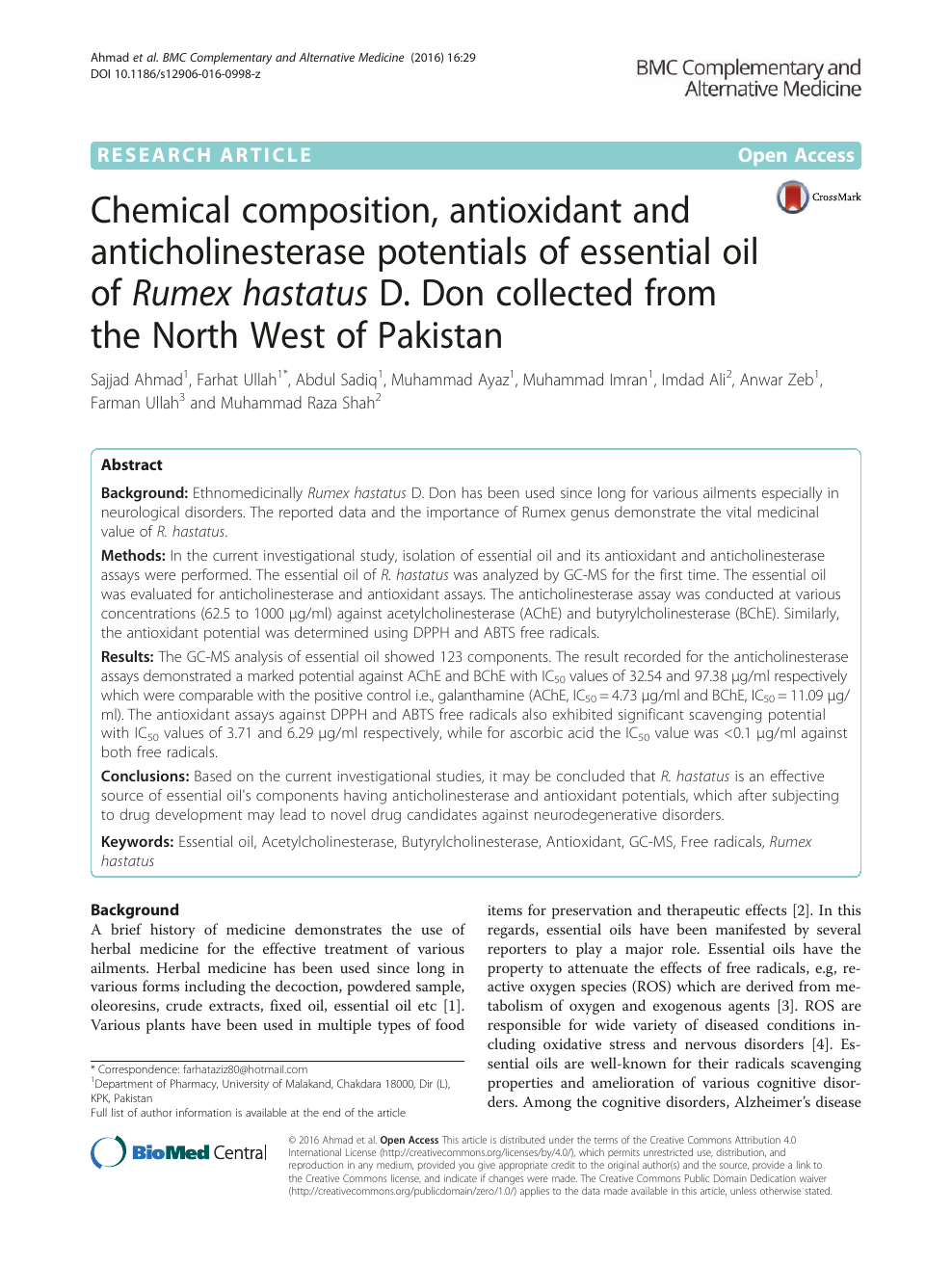 časopis Kuća na cesti Prilagoditi se  Chemical composition, antioxidant and anticholinesterase potentials of  essential oil of Rumex hastatus D. Don collected from the North West of  Pakistan – topic of research paper in Chemical sciences. Download scholarly  article