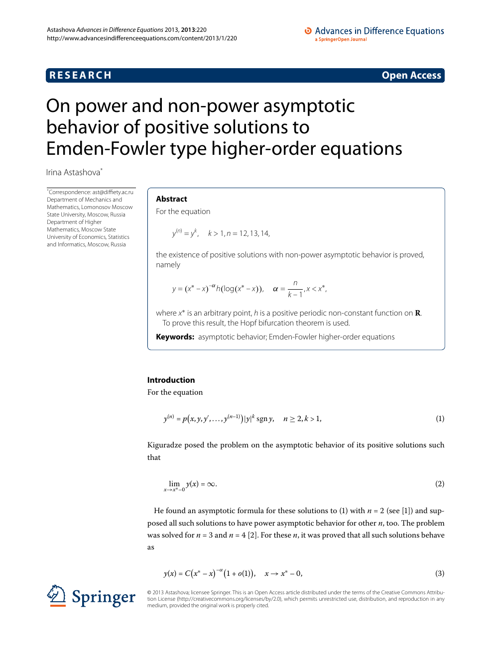 On Power And Non Power Asymptotic Behavior Of Positive Solutions To Emden Fowler Type Higher Order Equations Topic Of Research Paper In Mathematics Download Scholarly Article Pdf And Read For Free On Cyberleninka Open
