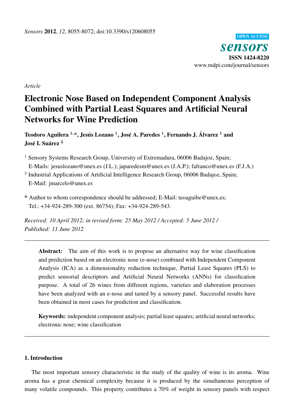 Electronic Nose Based On Independent Component Analysis Combined With Partial Least Squares And Artificial Neural Networks For Wine Prediction Topic Of Research Paper In Medical Engineering Download Scholarly Article Pdf And