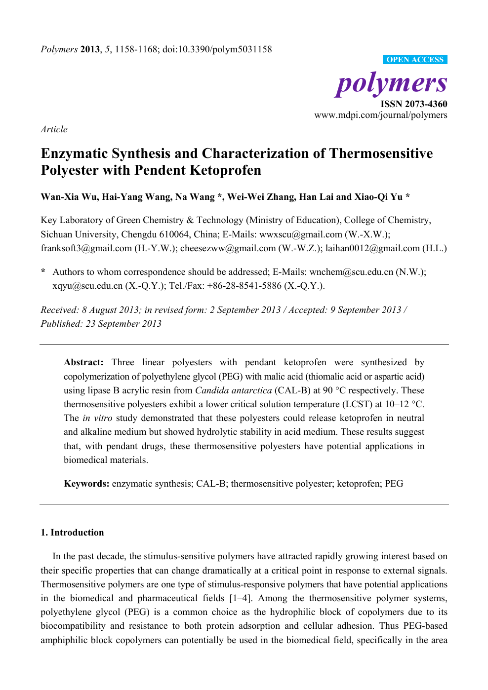 Enzymatic Synthesis And Characterization Of Thermosensitive Polyester With Pendent Ketoprofen Topic Of Research Paper In Chemical Sciences Download Scholarly Article Pdf And Read For Free On Cyberleninka Open Science Hub
