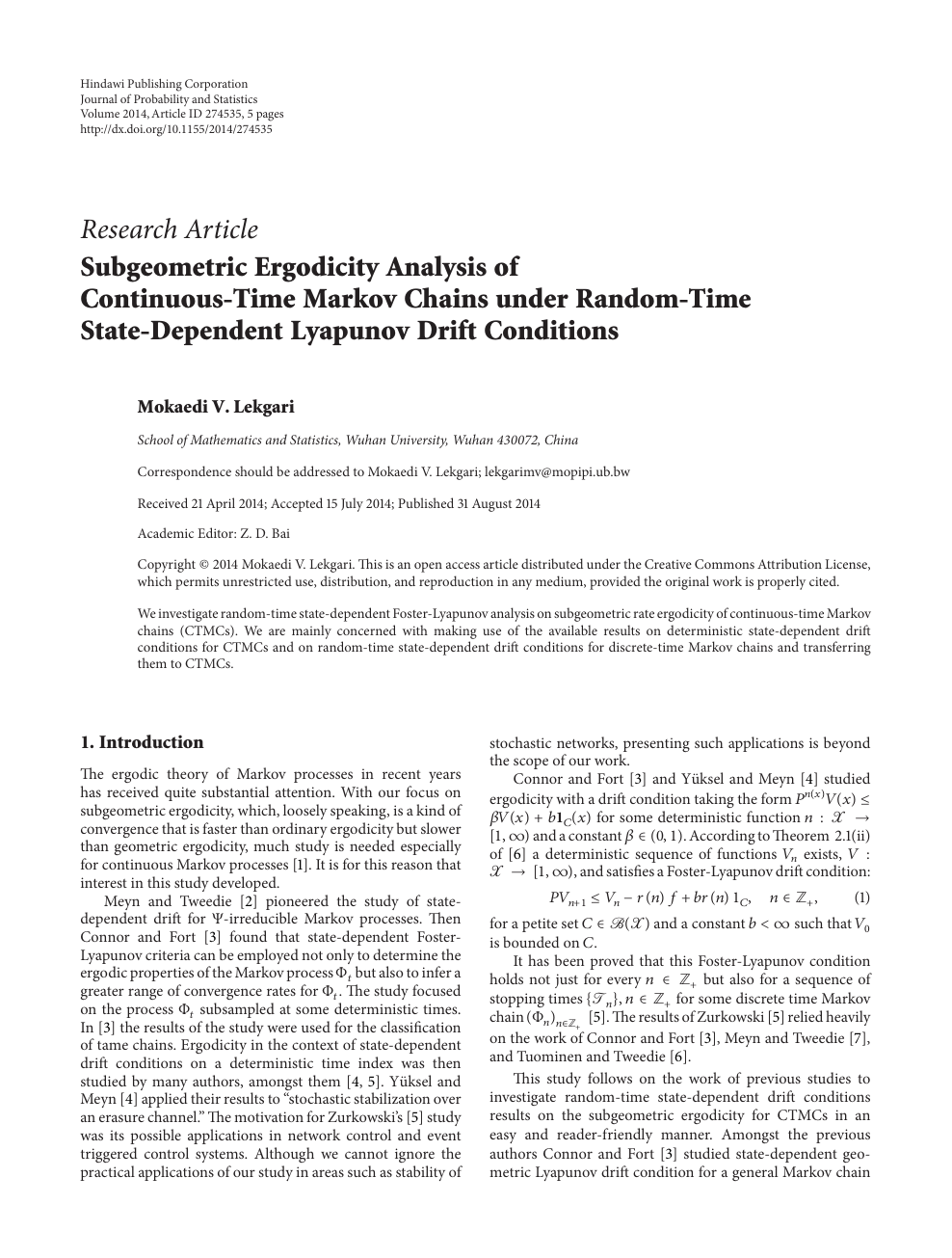 Subgeometric Ergodicity Analysis Of Continuous Time Markov Chains Under Random Time State Dependent Lyapunov Drift Conditions Topic Of Research Paper In Mathematics Download Scholarly Article Pdf And Read For Free On Cyberleninka Open Science