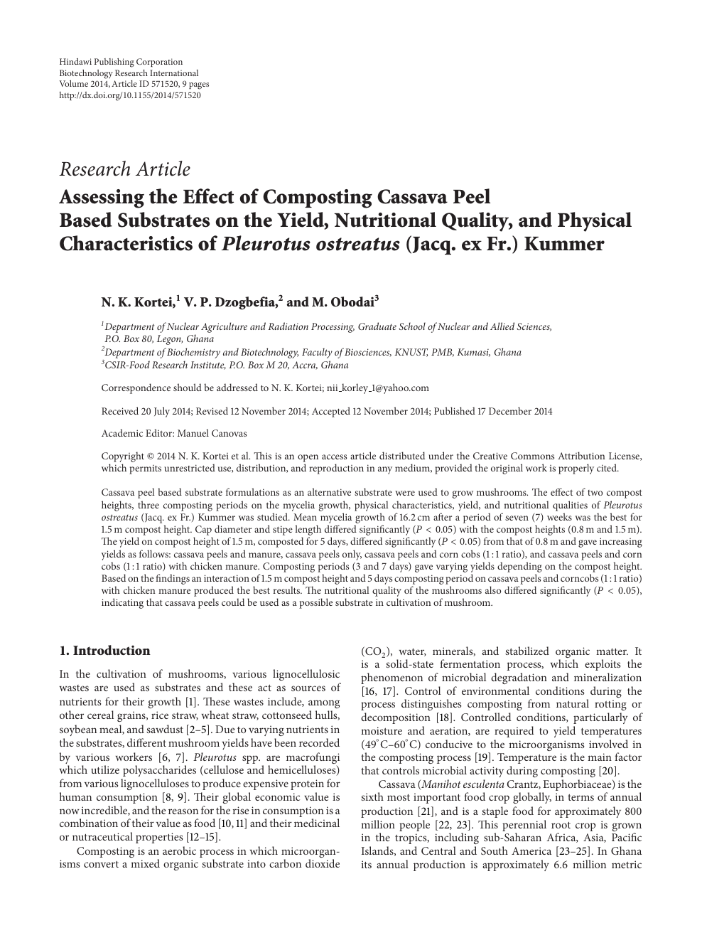 Assessing The Effect Of Composting Cassava Peel Based Substrates On The Yield Nutritional Quality And Physical Characteristics Of Pleurotus Ostreatus Jacq Ex Fr Kummer Topic Of Research Paper In Agriculture Forestry