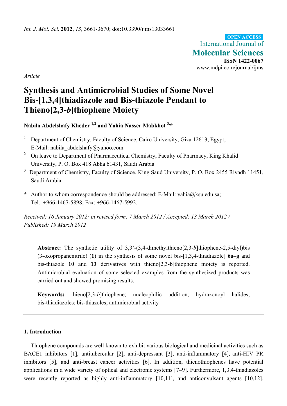 Synthesis And Antimicrobial Studies Of Some Novel Bis 1 3 4 Thiadiazole And Bis Thiazole Pendant To Thieno 2 3 B Thiophene Moiety Topic Of Research Paper In Chemical Sciences Download Scholarly Article Pdf And Read For Free On Cyberleninka