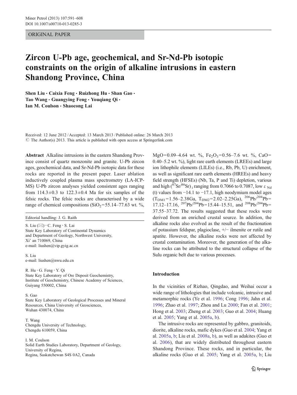 Zircon U Pb Age Geochemical And Sr Nd Pb Isotopic Constraints On The Origin Of Alkaline Intrusions In Eastern Shandong Province China Topic Of Research Paper In Earth And Related Environmental Sciences Download Scholarly