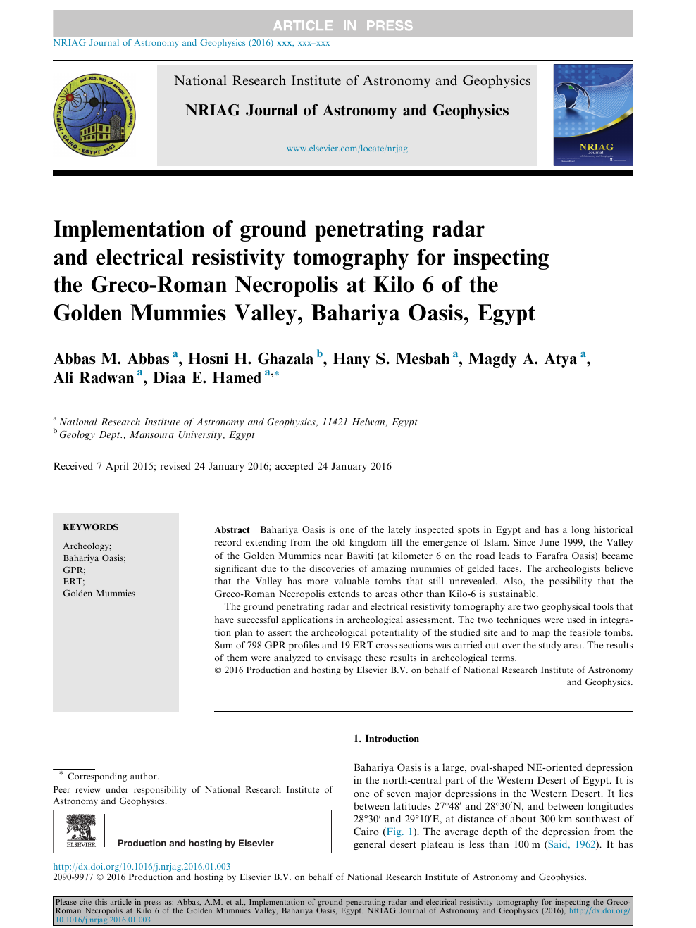 Implementation Of Ground Penetrating Radar And Electrical Resistivity Tomography For Inspecting The Greco Roman Necropolis At Kilo 6 Of The Golden Mummies Valley Bahariya Oasis Egypt Topic Of Research Paper In Earth