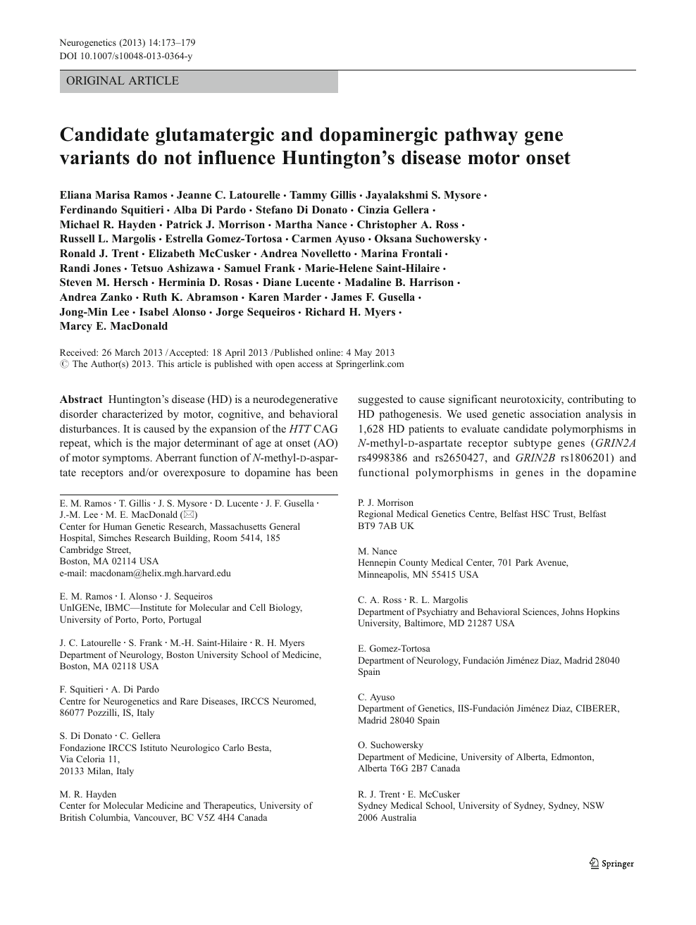 Candidate Glutamatergic And Dopaminergic Pathway Gene Variants Do Not Influence Huntington S Disease Motor Onset Topic Of Research Paper In Biological Sciences Download Scholarly Article Pdf And Read For Free On Cyberleninka